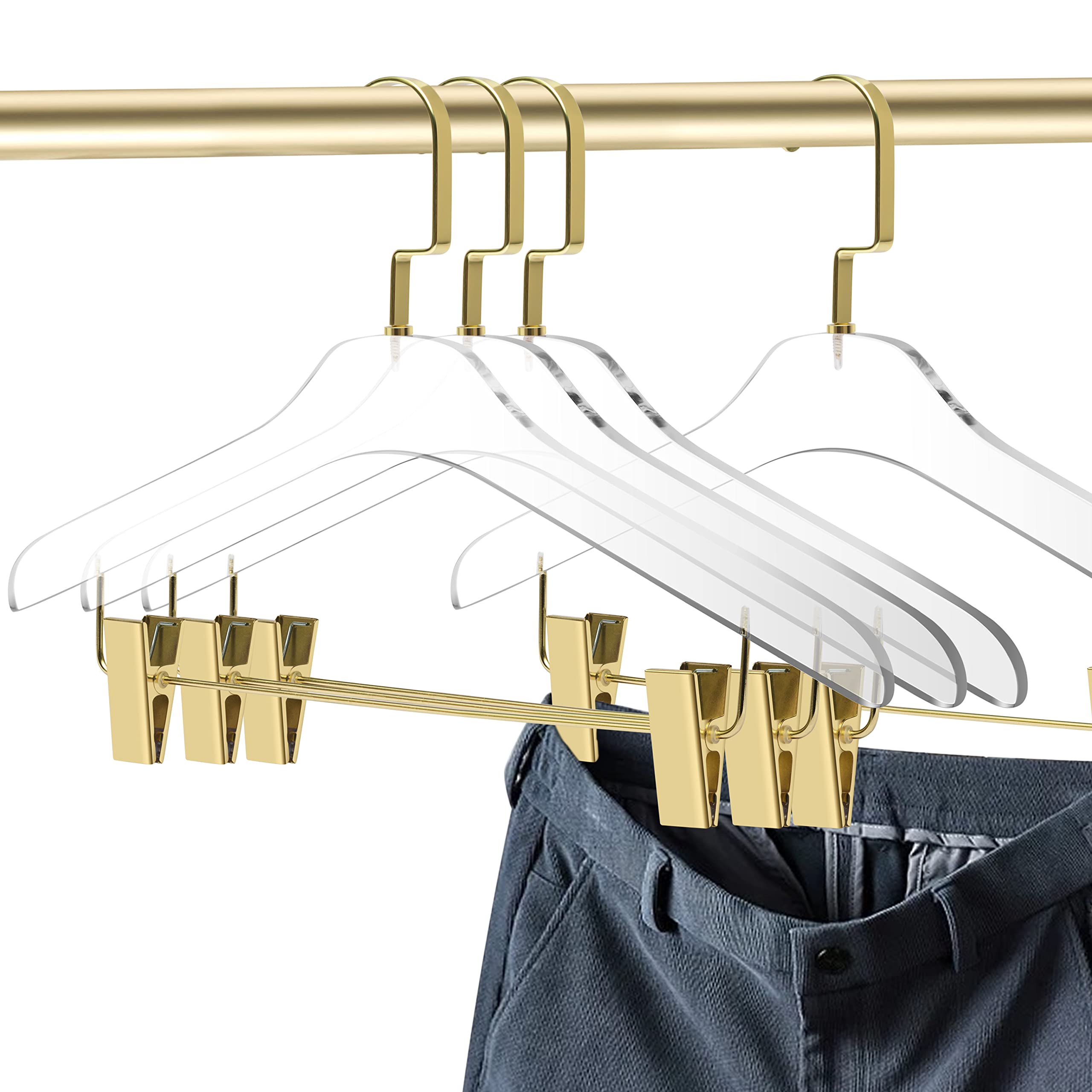 Quality Clear Acrylic Skirt Pant Hangers with Clips � 4 Pack, Stylish Clothes Hanger with Gold Hooks - Coat Hanger for Dress, Suit - Closet Organizer Adult Hangers - Cloth Hangers (Gold Hook, 4)  - Like New