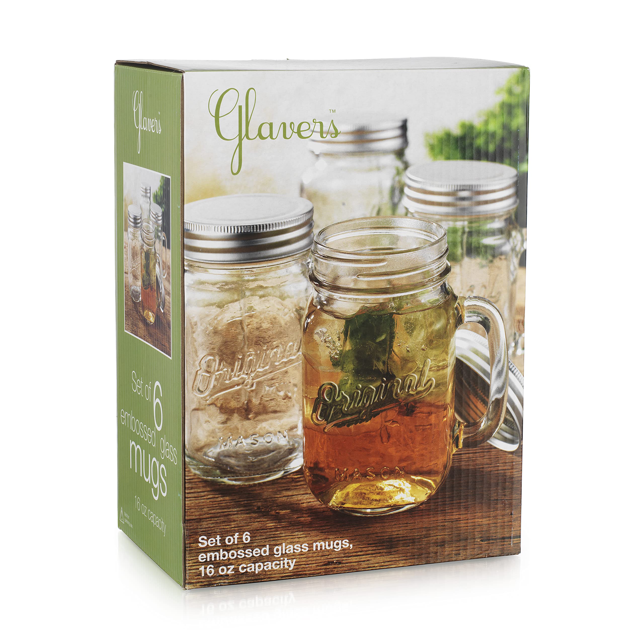 Glaver's Mason Jar 16 Oz. Glass Mugs with Handle and Lid Set Of 6 Old Fashioned Drinking Glass Bottles Original Mason Jar Pint Sized Cup Set.  - Acceptable