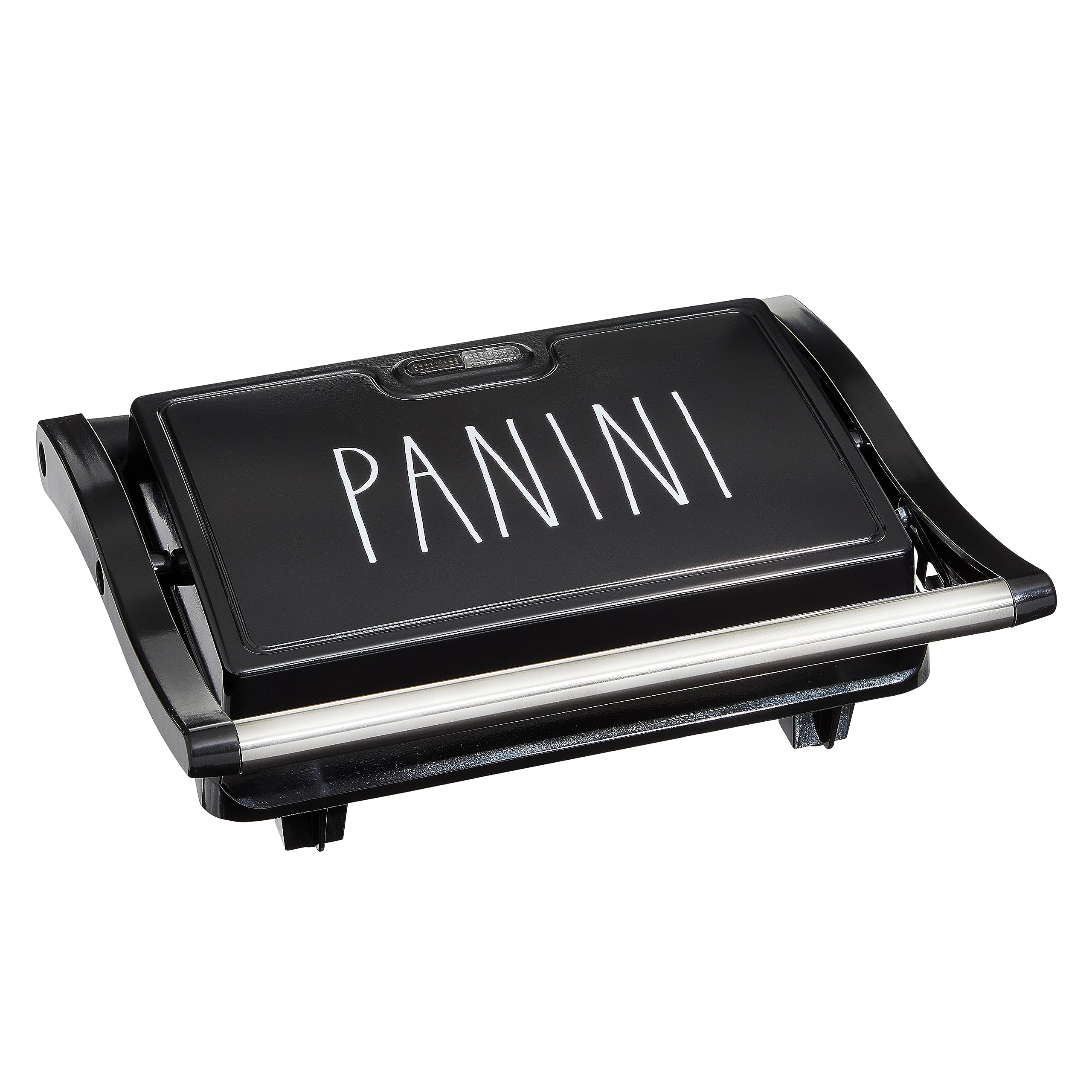 Rae Dunn Panini Maker - 750 Watt 2-Slice Press Grill with Indicator Lights | Opens 180 Degrees | Double Sided Heating | Non-stick Cooking | Cool Touch Handle | Easy to Clean, Black  - Very Good