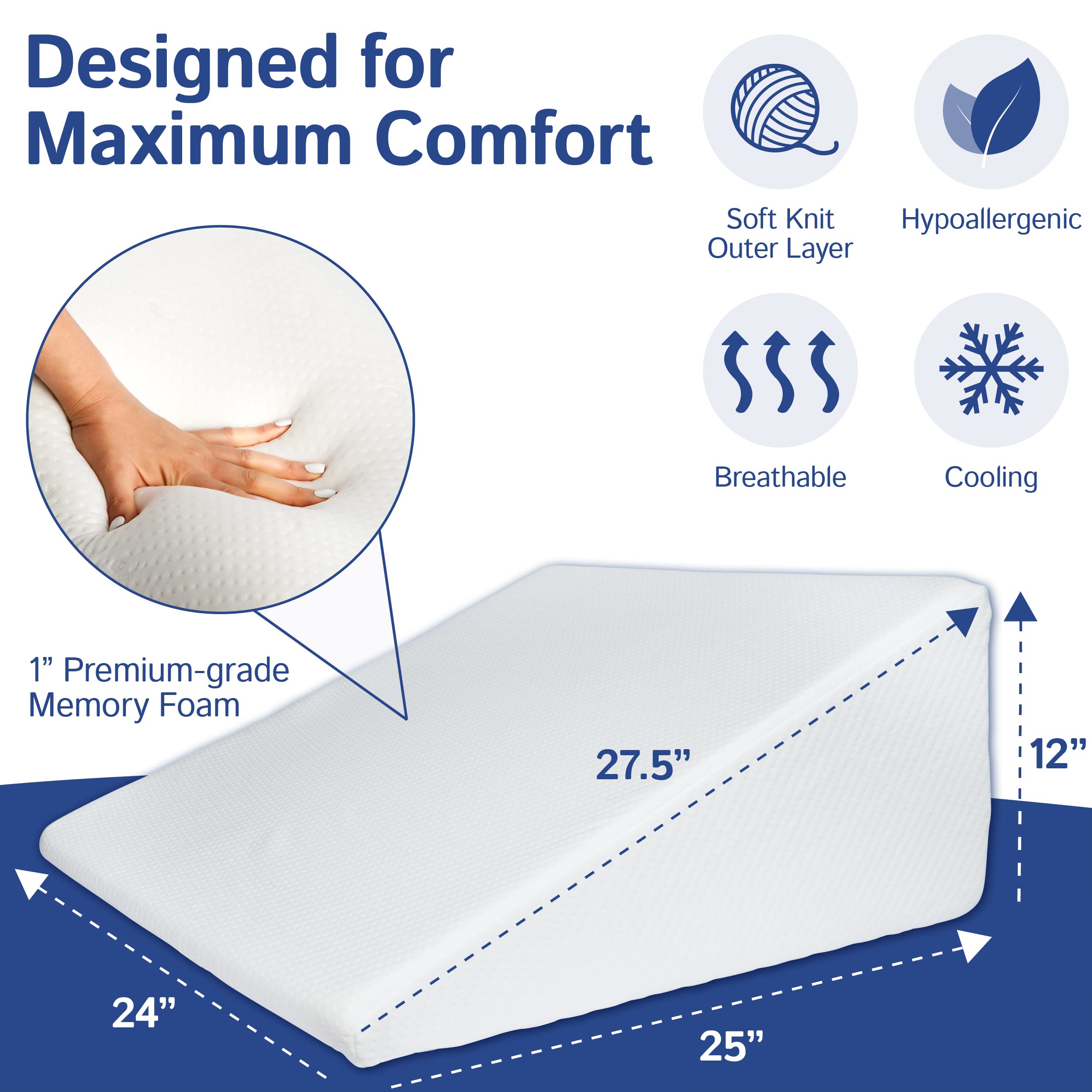 Ebung Bed Wedge Pillow with Memory Foam Top 12in - 45 Degree Wedge Pillow for Snoring, Neck Pillow for Pain Relief, Shoulder Pain, Back Pillow for Sitting in Bed, Heartburn - Removable, Washable Cover  - Good