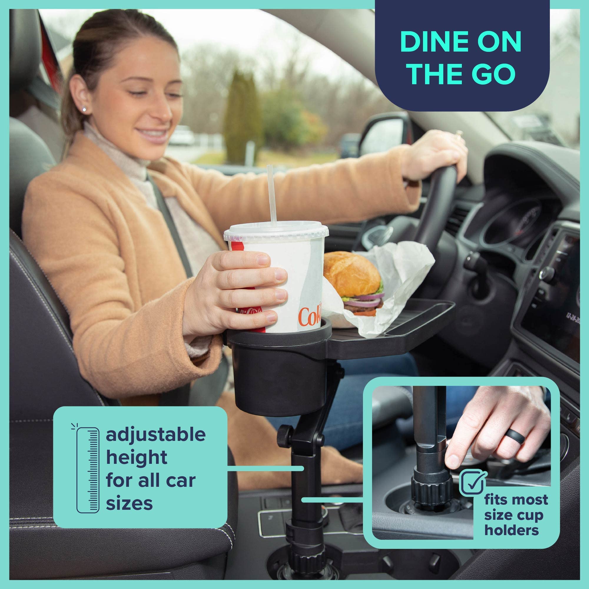 Premium Car Cup Holder Tray - Adjustable Food Tray with Cup Holder & Phone Slot - Premium Car Tray Table with 360� Swivel Arm for Easy Turning from Driver to Passenger Seat - Gift for Men and Women  - Very Good