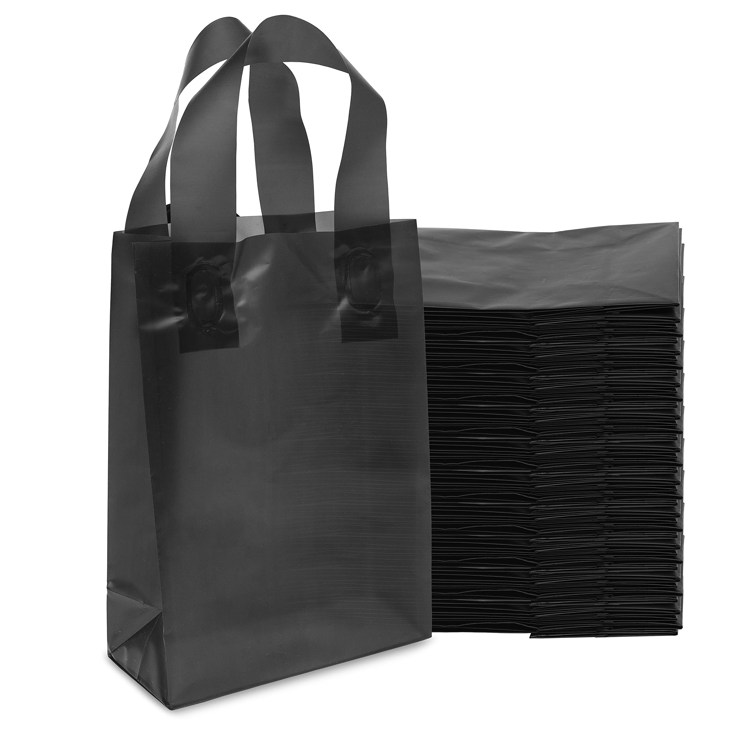 Plastic Shopping Bags - 6x3x9 100 Pack Extra Small Black Frosted Plastic Bags with Handles & Cardboard Bottom, Bulk Reusable Retail Shopping Bags for Small Business & Boutique Use, Party Favors, Gifts  - Like New