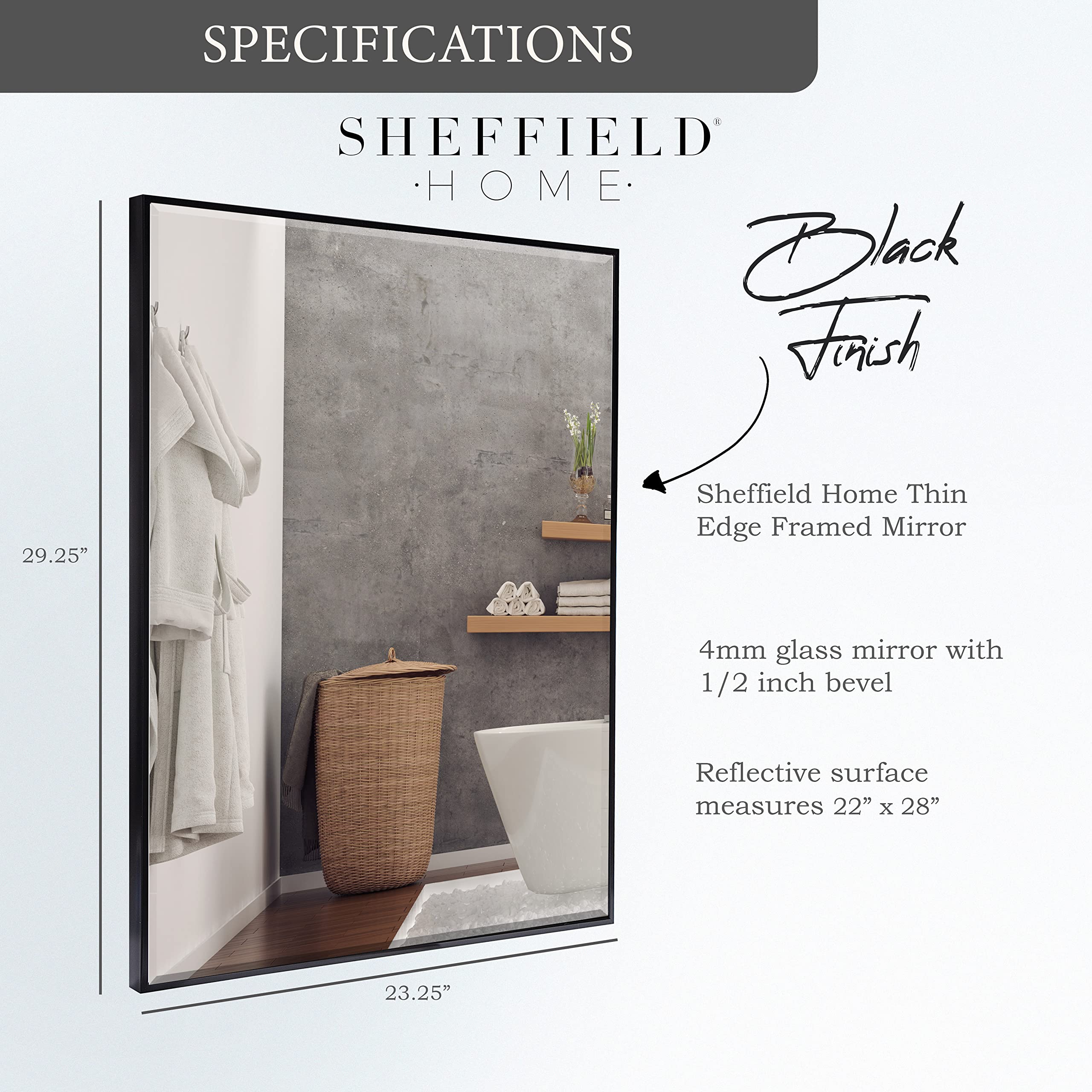 Sheffield Home 23.25x29.25 Modern Thin Edge Framed Wall Mirror  - Very Good
