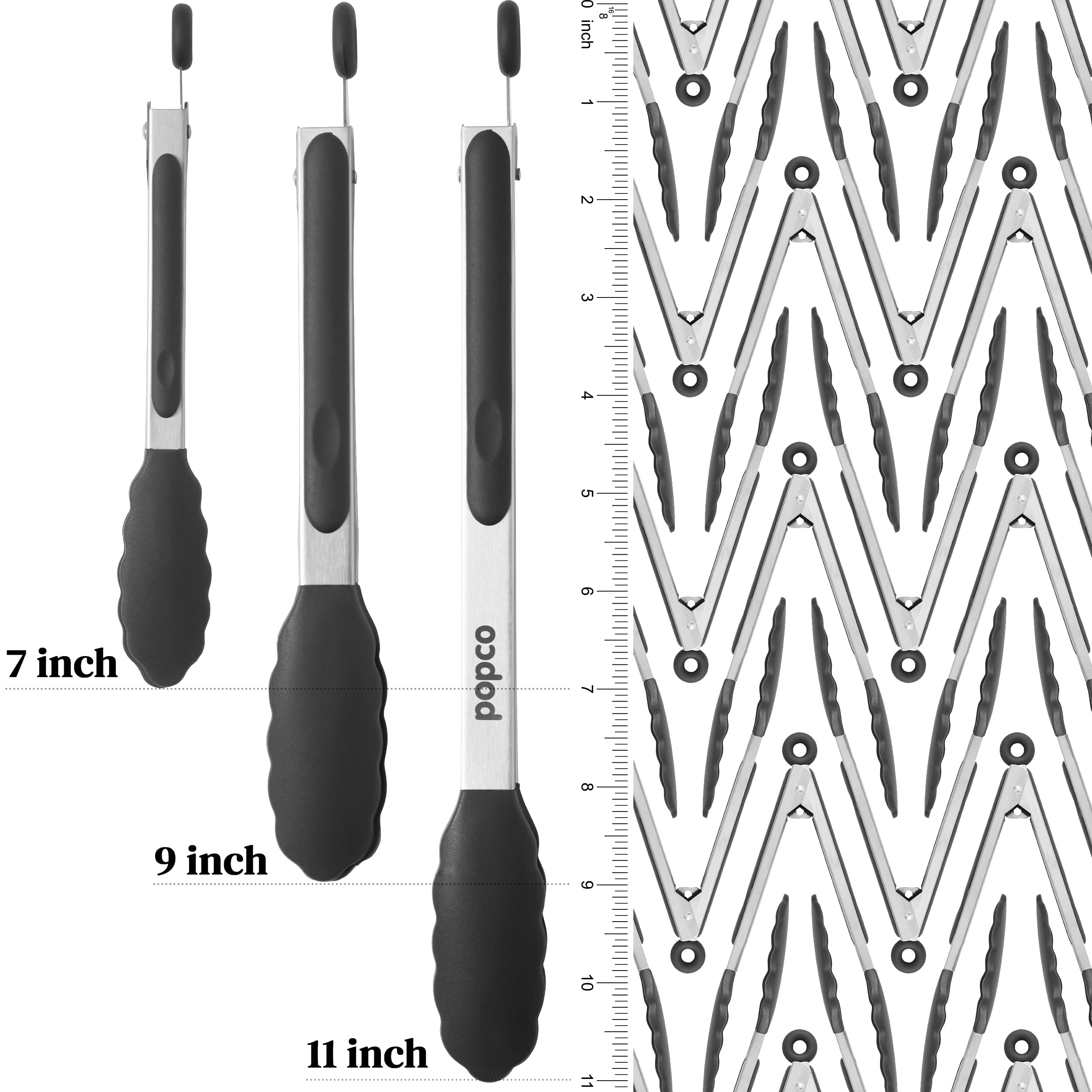 The Original Popco Tongs, Set of 3-7,9,12 inches, Heavy Duty, Stainless Steel Bbq and Kitchen Tongs with Silicone Tips (Can Also Be Used as Ice Tongs and Sugar Tongs)  - Like New