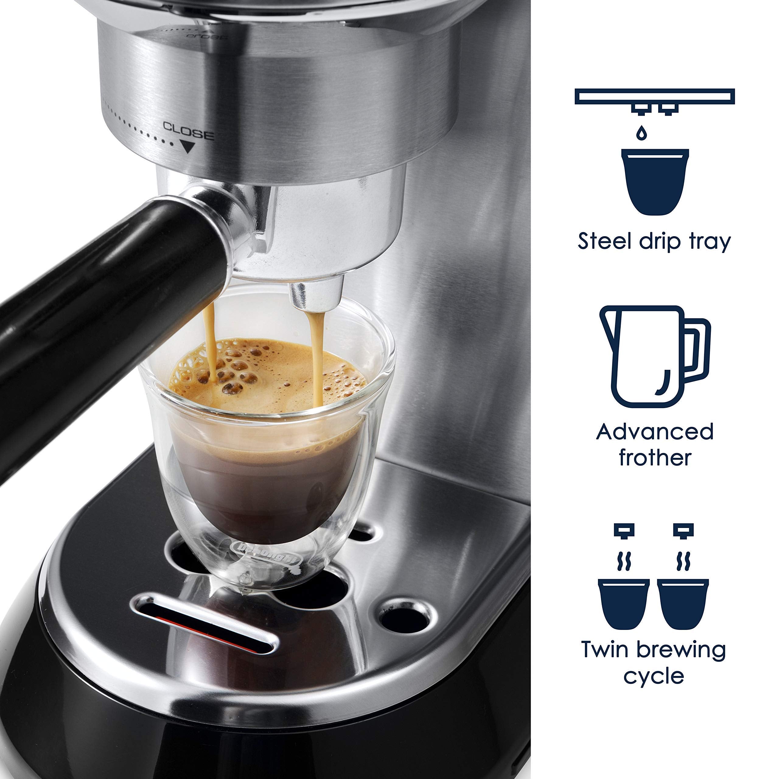 De'Longhi Dedica EC680M, Espresso Machine, Coffee and Cappucino Maker with Milk Frother, Metal / Stainless, Compact Design 6 in Wide, Fit Mug Up to 5 in  - Like New