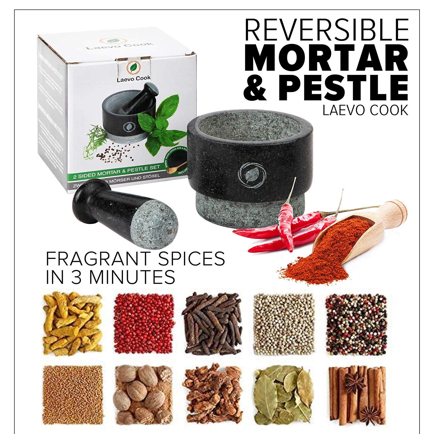 Laevo Mortar and Pestle Set (Large) | Stone Spice Grinder | 2.1 Cup Capacity | 5.5 inch | Reversible | Molcajete Mexicano | Guacamole, Pesto, Spices | Large Mortar & Pestles | Gift Set  - Like New