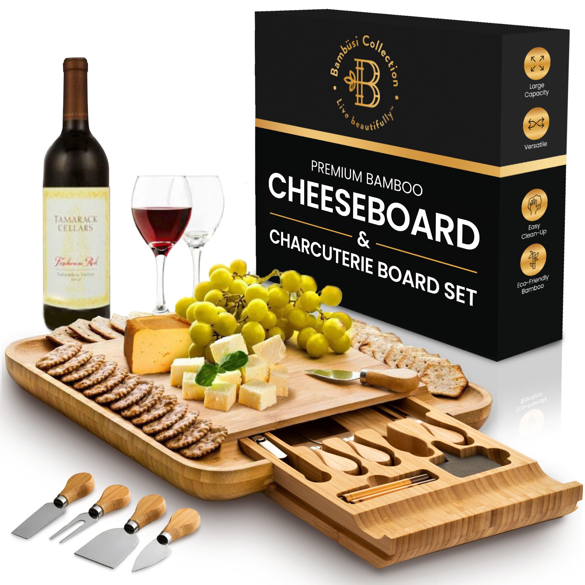 Bambüsi Cheese Boards Charcuterie Boards Gift Set - Charcuterie Boards - Bamboo Cheese Board Set - Womens Gifts for Her - House Warming Gifts New Home - Wedding Gifts for Couple, Bridal Shower Gift  - Like New