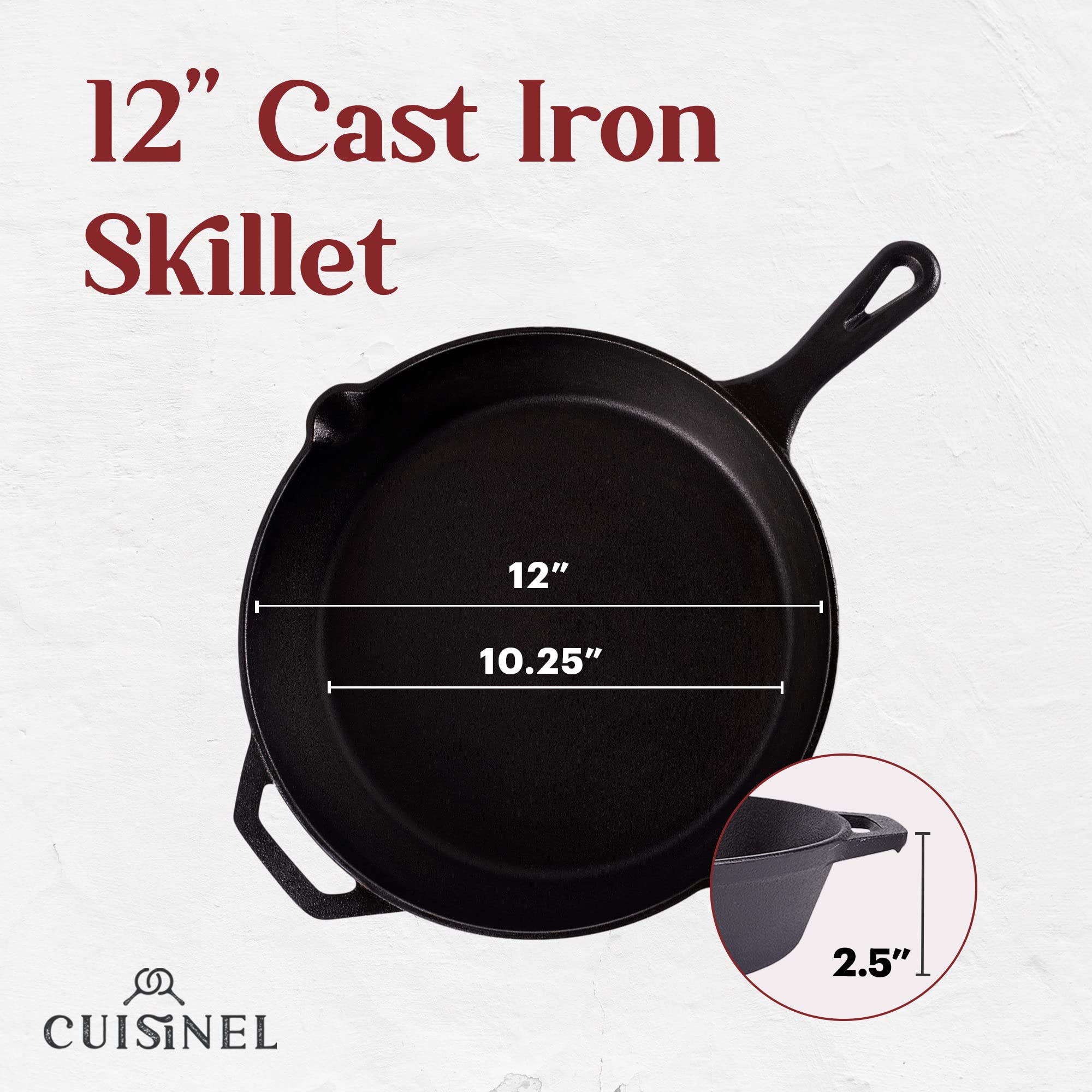 Cuisinel Cast Iron Skillet with Lid - 12"-Inch Frying Pan + Glass Cover + Silicone Handle Holder - Pre-Seasoned Oven Safe Cookware - Indoor/Outdoor Use - Grill, BBQ, Fire, Stovetop, Induction  - Good