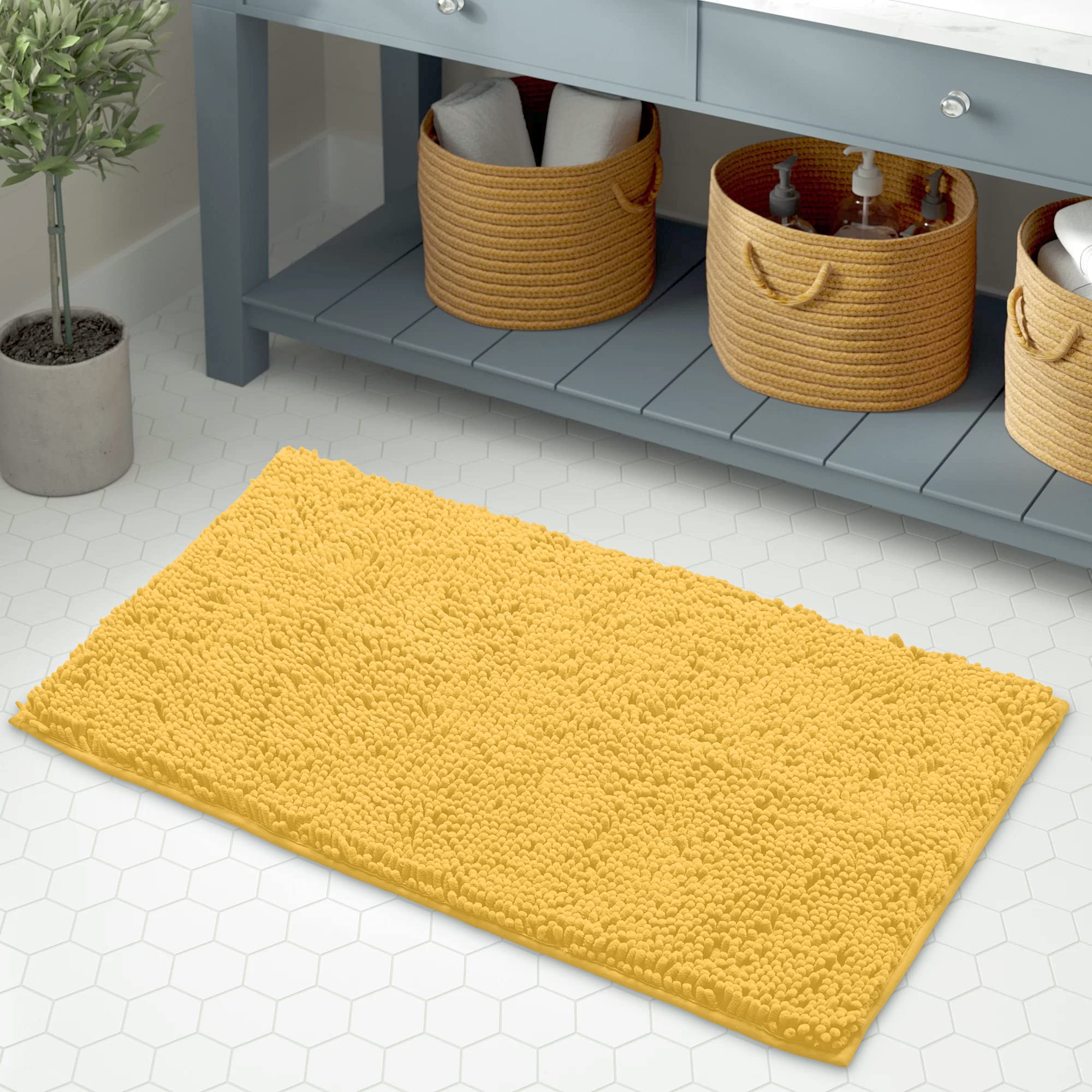 LuxUrux Yellow Bathroom Rugs, Luxury Bath Mat-Extra-Soft Plush Bathroom Rug,1'' Chenille Microfiber, Super Absorbent Shaggy Bath Rug, 24'' x 17'', Yellow.  - Very Good