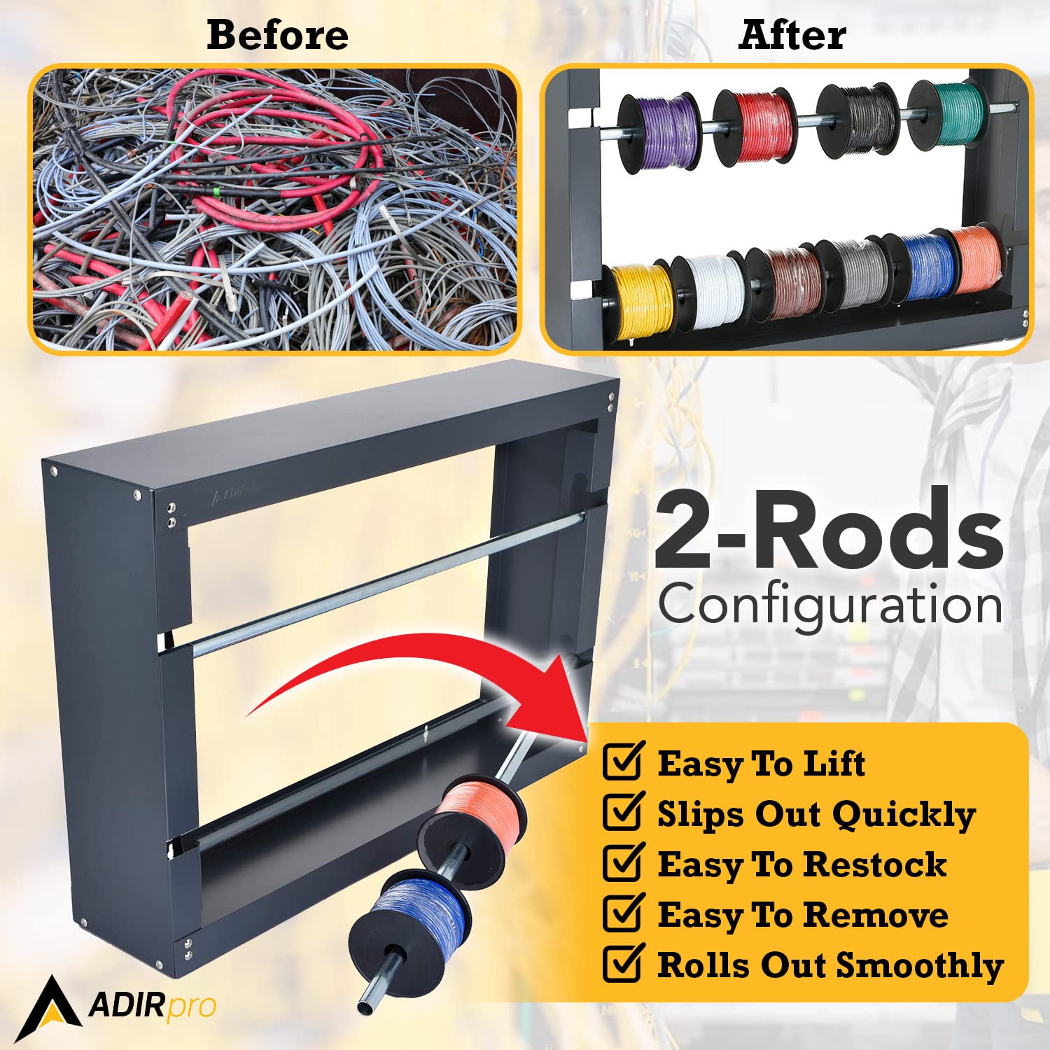 AdirPro Wire Spool Rack - Superior Strength Wire/Cable Dispenser - Conduit Display & Storage for Electrical Industrial & Retail Use (2 Rods, Grey)  - Like New