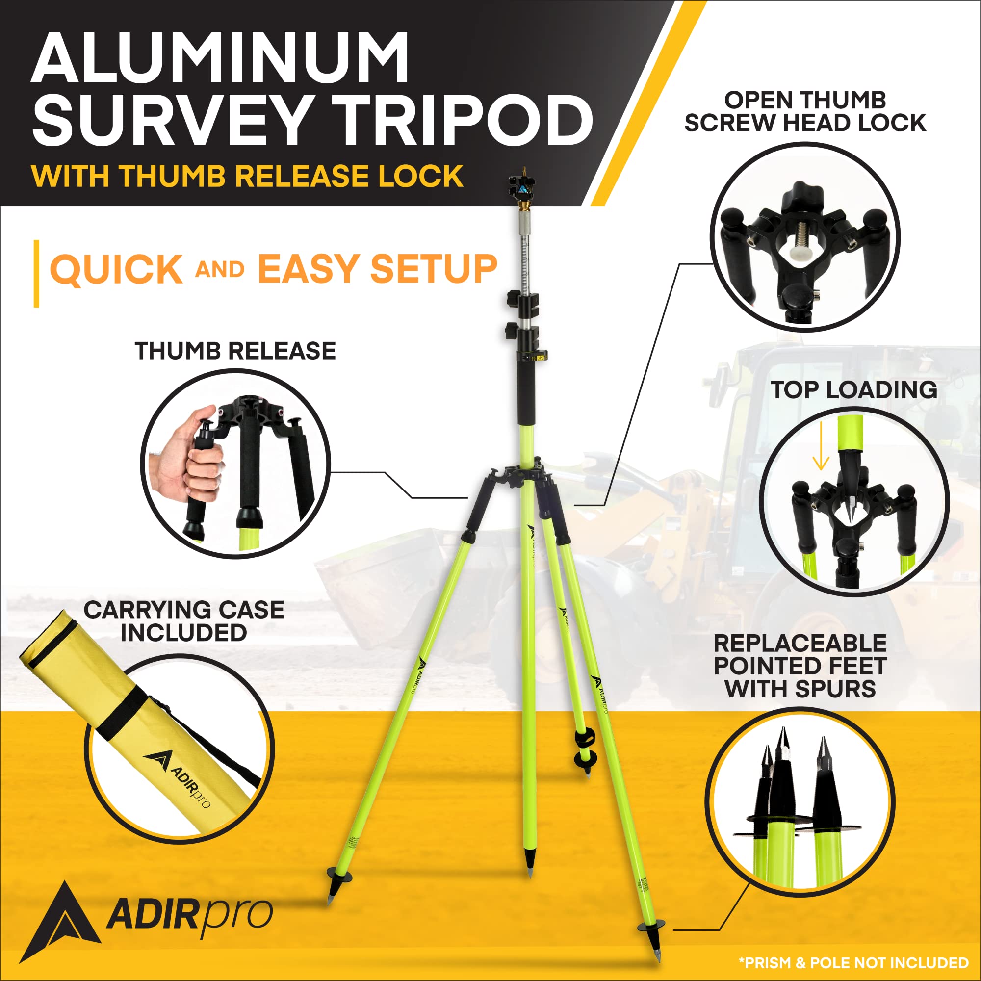 AdirPro Prism Pole Tripod - Aluminum Surveying Tripod with Thumb Screw Head for Prism Pole of Total Station Surveying Equipment, Telescoping Legs Extends Up to 3.5-6ft Variation  - Like New