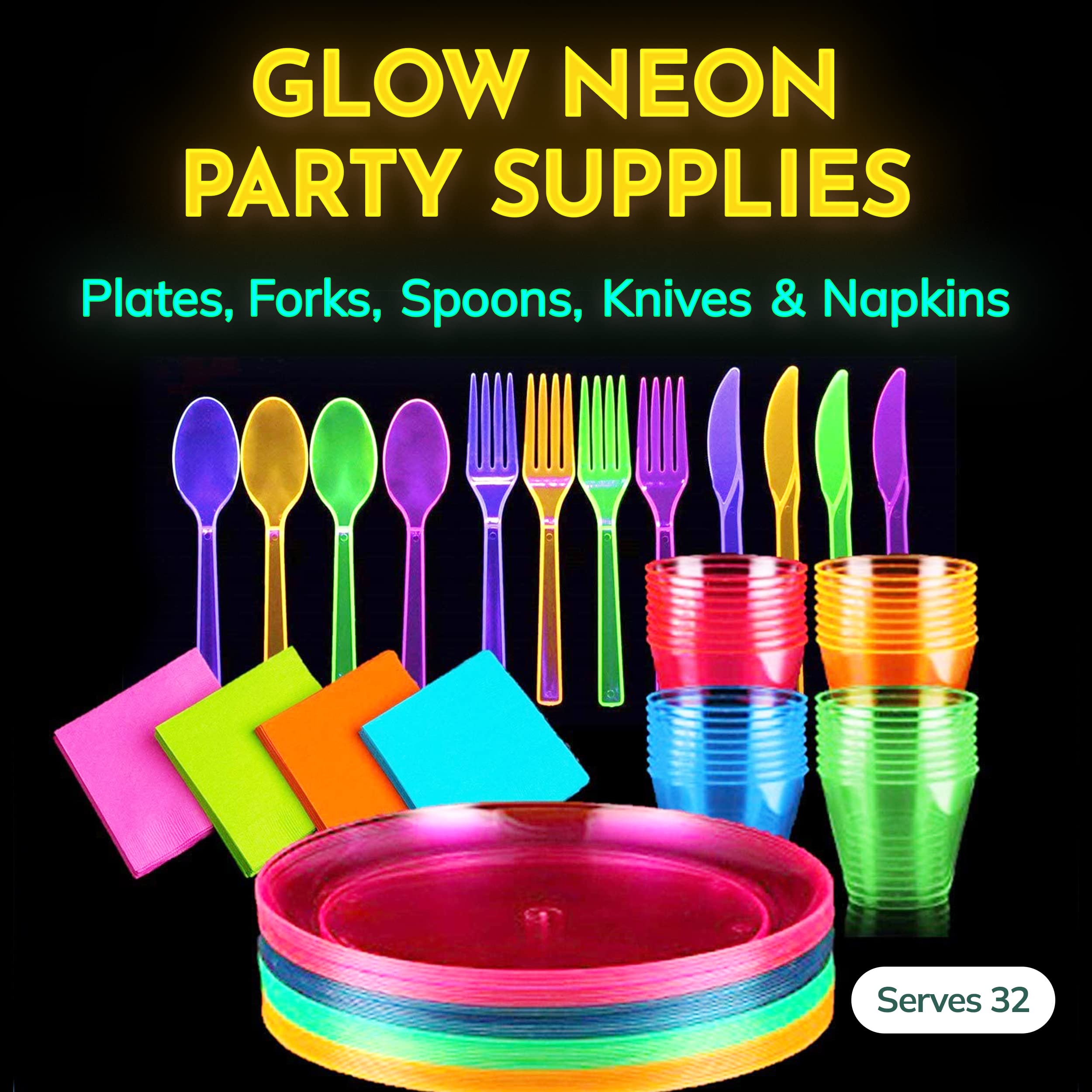 Glow Neon Party Supplies - Neon Cutlery with Neon Napkins, Hard Plastic & Disposable Neon Cutlery and Napkins, Cinco de Mayo Party Supplies, Glow In The Dark Neon Birthday Party Supplies  - Like New