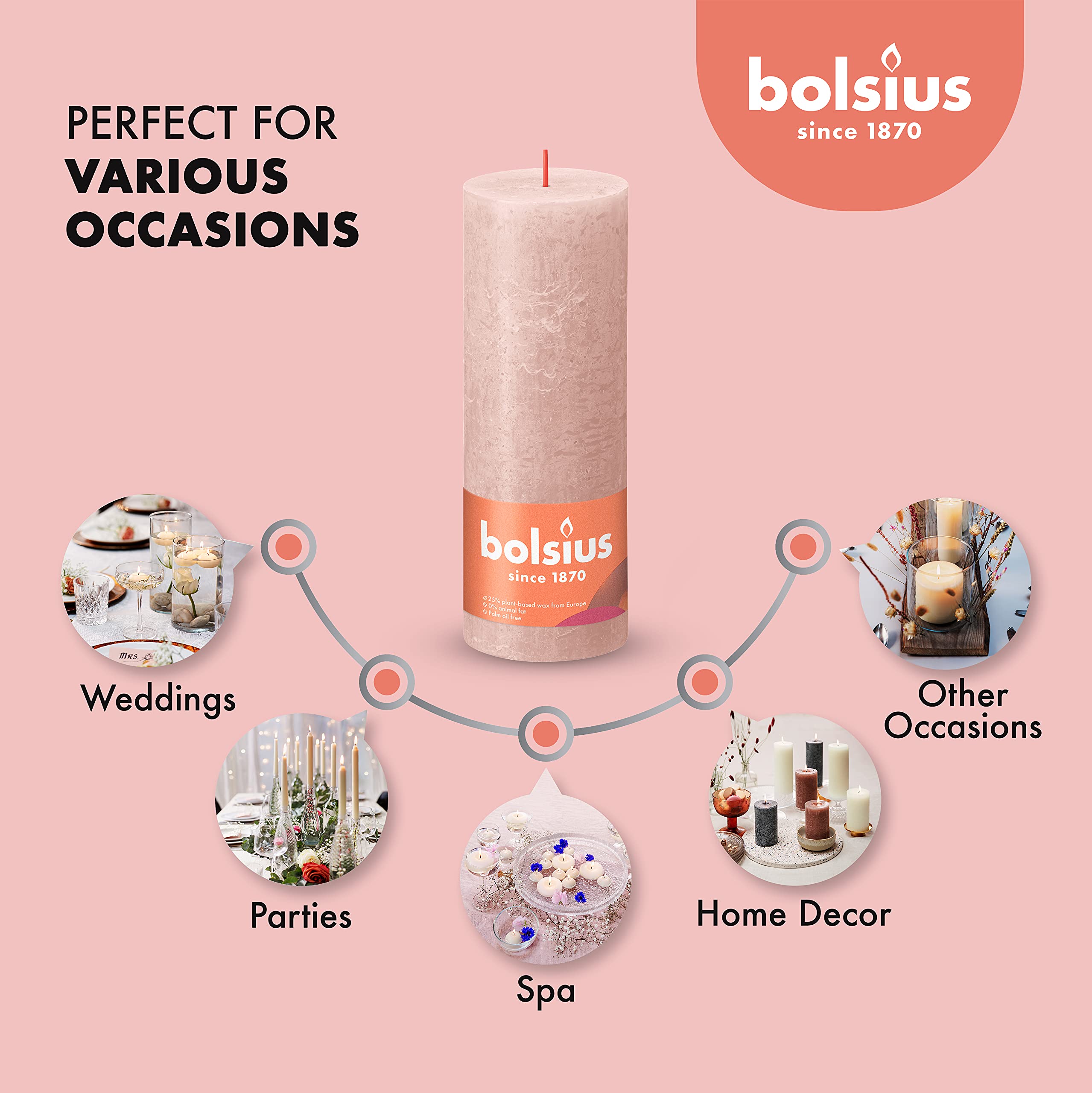BOLSIUS 4 Pack Misty Pink Rustic Pillar Candles - 2.75 X 7.5 Inches - Premium European Quality - Includes Natural Plant-Based Wax - Unscented Dripless Smokeless 85 Hour Party and Wedding Candles  - Very Good