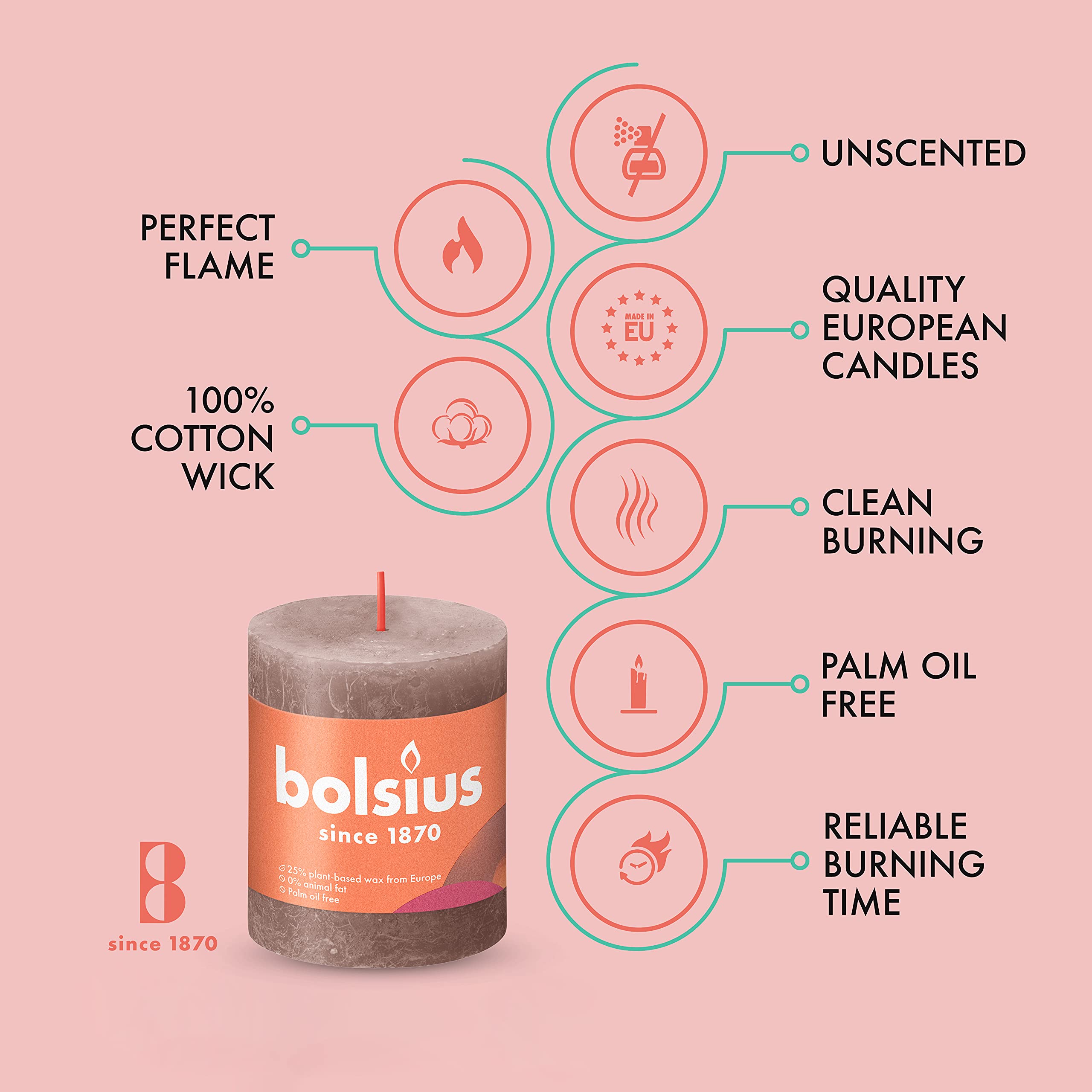 BOLSIUS 4 Pack Taupe Rustic Pillar Candles - 2.75 X 3.25 Inches - Premium European Quality - Includes Natural Plant-Based Wax - Unscented Dripless Smokeless 35 Hour Party and Wedding Candles  - Very Good