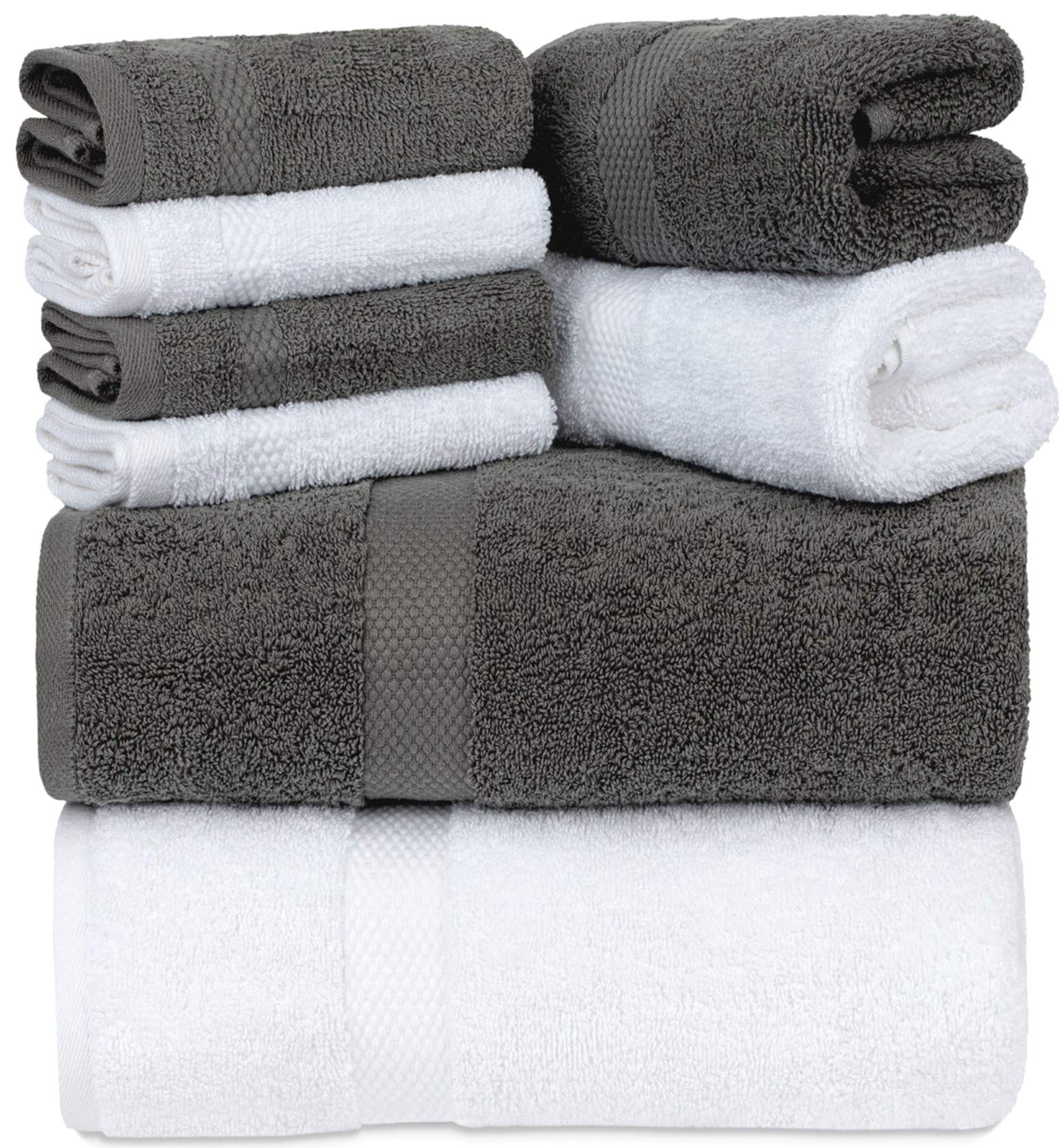 White Classic Luxury Grey White Bath Towel Set - Combed Cotton Hotel Quality Absorbent 8 Piece Towels | 2 Bath Towels | 2 Hand Towels | 4 Washcloths [Worth $72.95] 8 Pack | Grey White  - Collectible Very Good