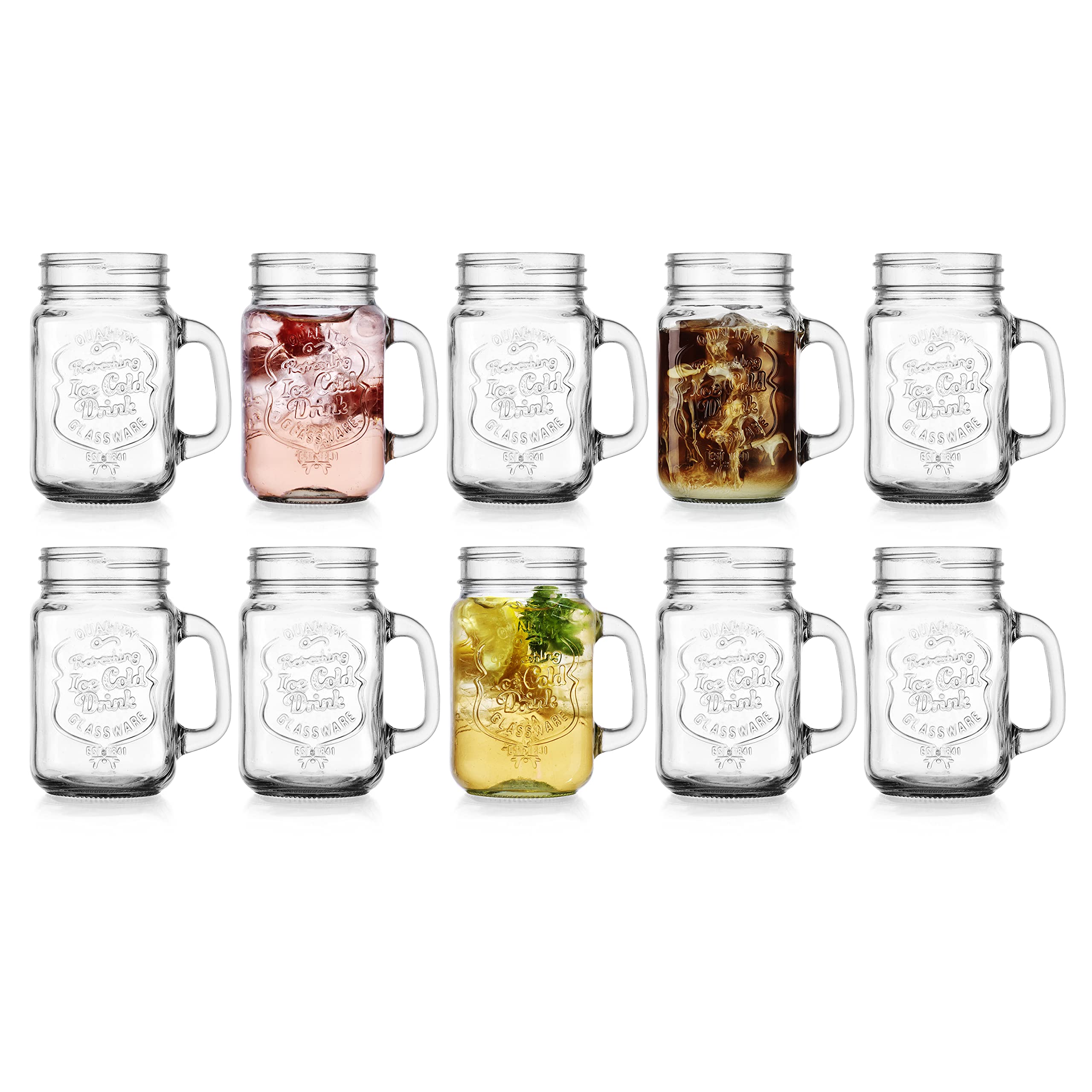 Glaver's Set of 10 Ice Cold 16 Oz. Mason Drinking Glasses With Handles. Quality Refreshing Ice Cold Embossed Logo Jars for Beverages, Cocktails, Shakes, Smoothies, Sodas, Juice.  - Good