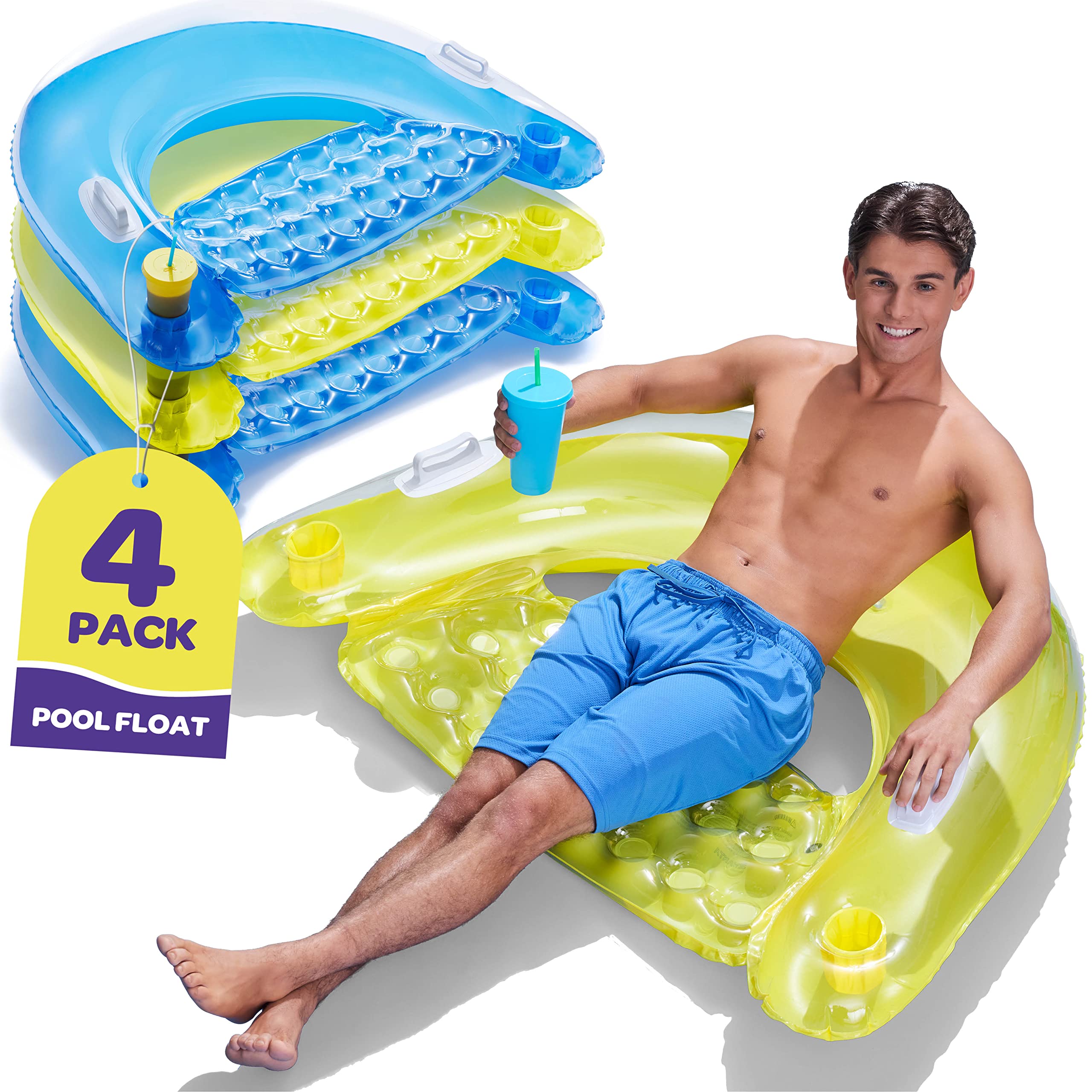 Pool Floats Adult [Set of 4] Inflatable Chair Floats with Cup Holders & Handles - Happy Colorful Pool Floaties - Pool Float Comes in 2 Fun Colors, Blue & Yellow, A Relaxing Floats for Swimming Pool  - Like New