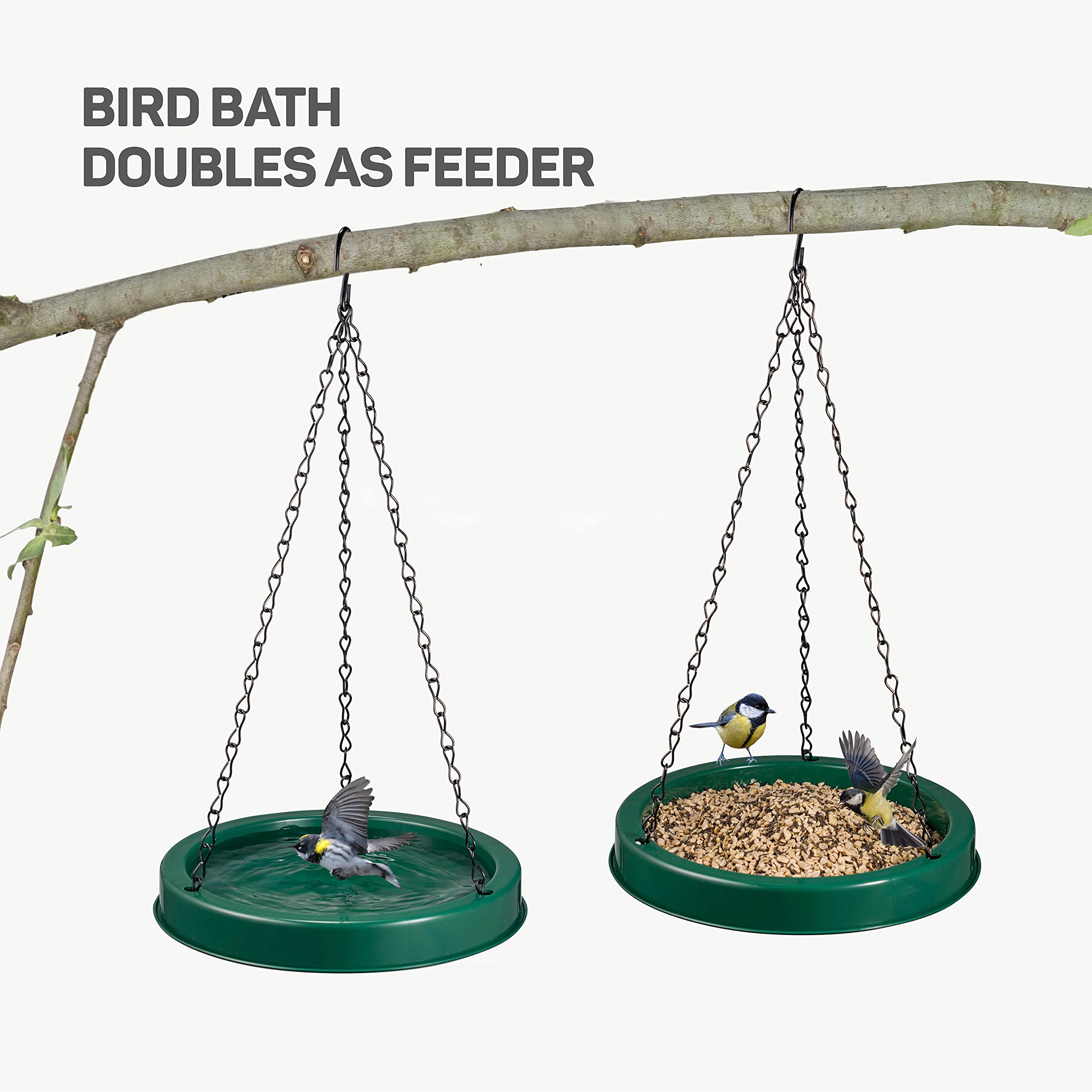 Plastic Bird Bath Tray & Feeder 20 oz [Set of 2] Hanging Bird Baths for Outdoors & Indoors, Bird Water Feeder with Circular Perch - Small Bird Bath 17-Inch Round Design and Lightweight (Green)  - Like New