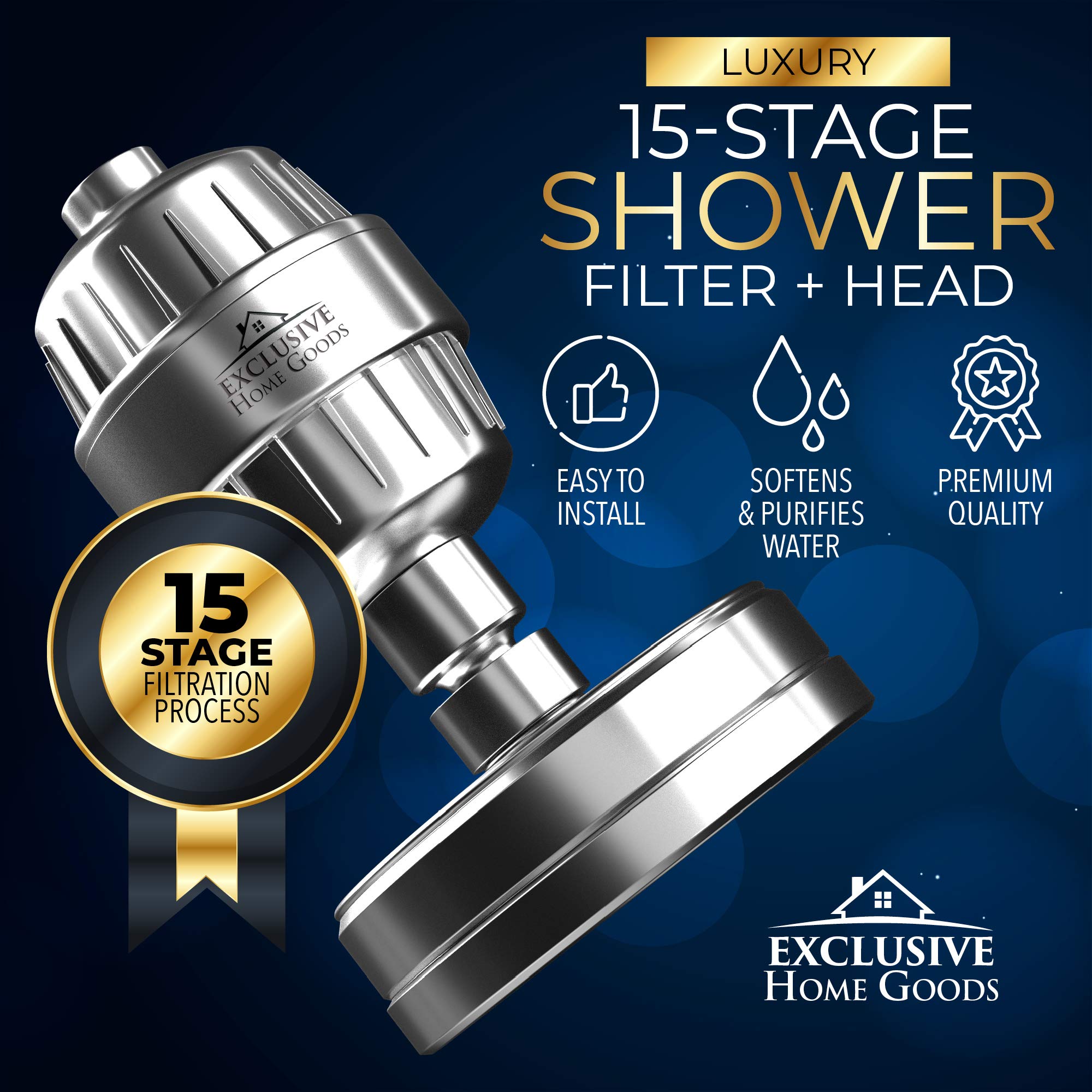 High-Pressure Shower Head and 15 Stage Filtered Shower Head System Combo, Softens Water, Removes Chlorine, Heavy Metals and Impurities while Rejuvenating Skin and Hair  - Like New
