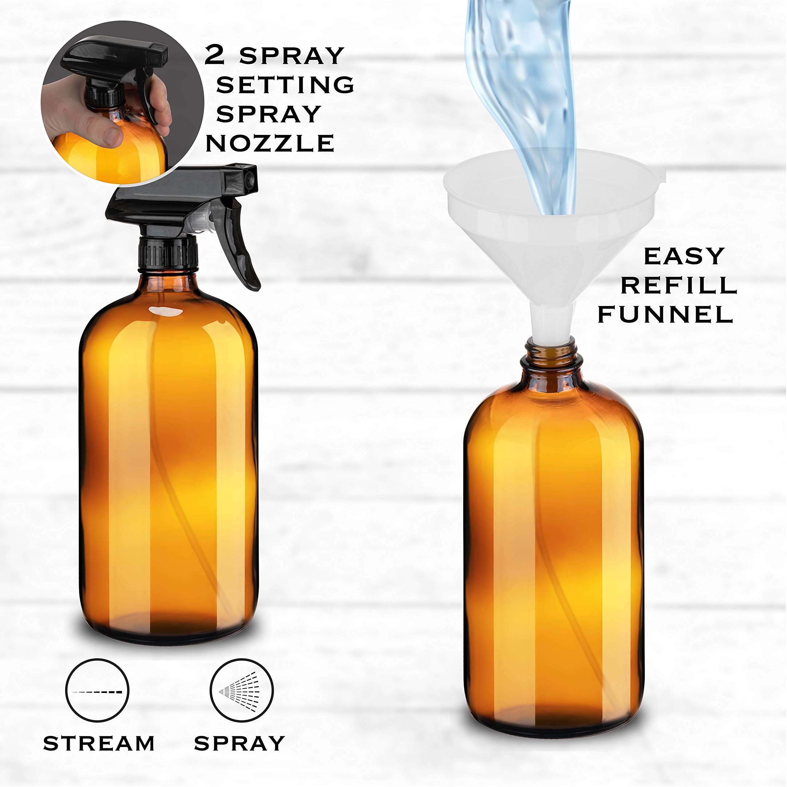 kitchentoolz Large 32oz Amber Glass Spray Bottles with Funnel - Refillable Trigger Sprayer Containers for Oils, Cleaning Products, Plant Misting, Cooking, Hair, and Beauty.  - Like New