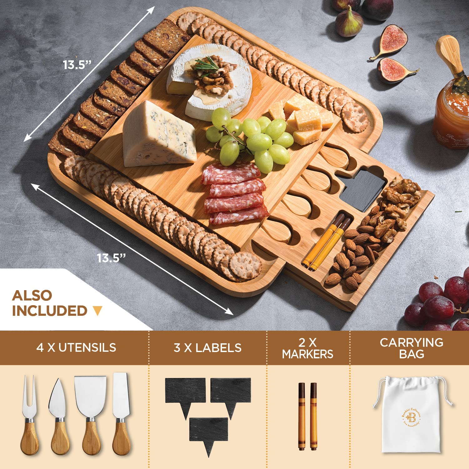 Appetizer Plate & Dessert Plate Large Charcuterie Board Gift Set - Bamboo Cheese Board and Knife Set - Wooden Cheese Board Platter with 4 Cheese Knives - Housewarming, Wedding Gift �  - Like New