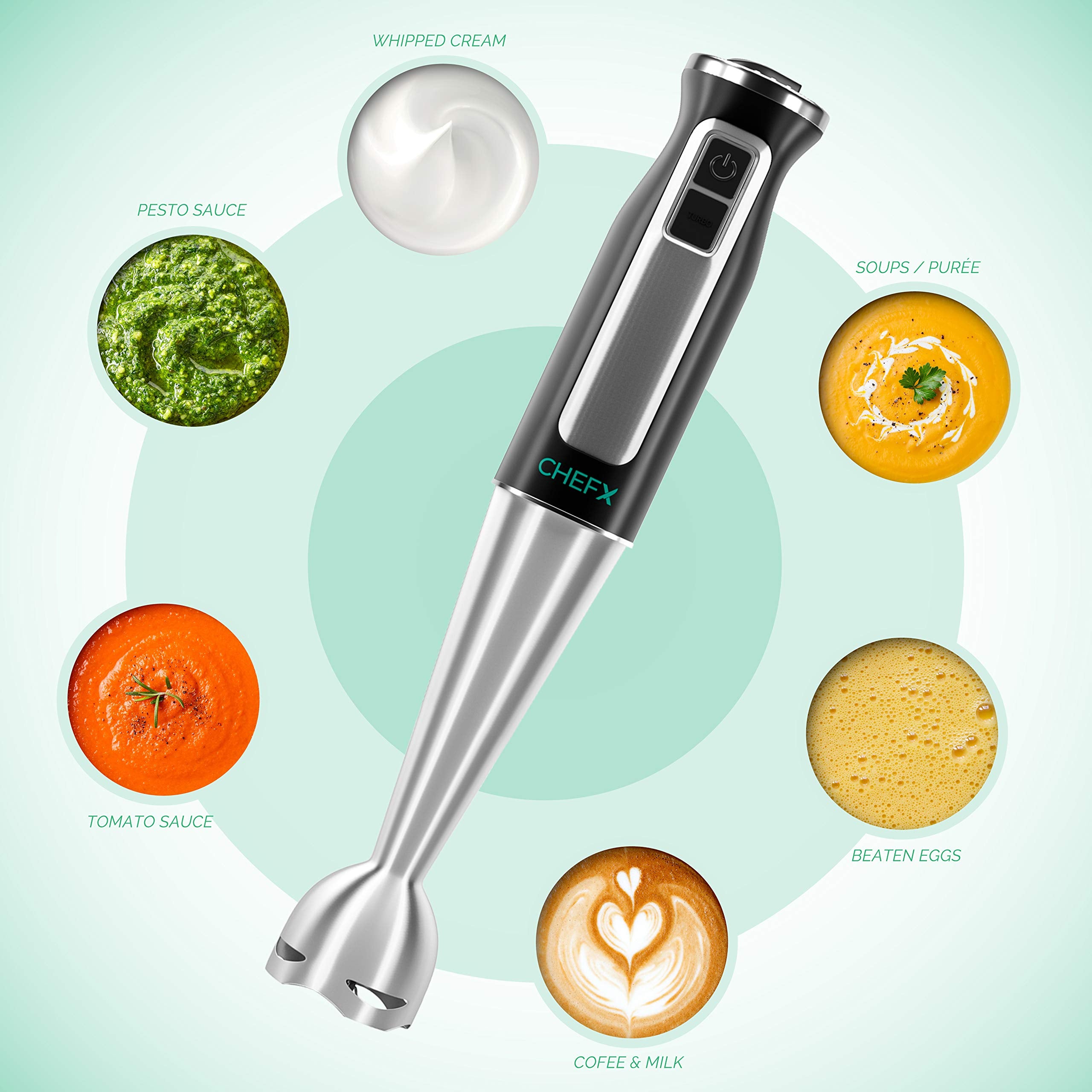 CHEFX 5-in-1 Immersion Blender - 9 Speed Ultra Powerful Stainless Steel Hand Mixer for Kitchen - Electric Handheld Stick Frother - Chop/Grind/Whisk/Froth/Blend - Turbo Mode - Food Grinder + Container  - Good