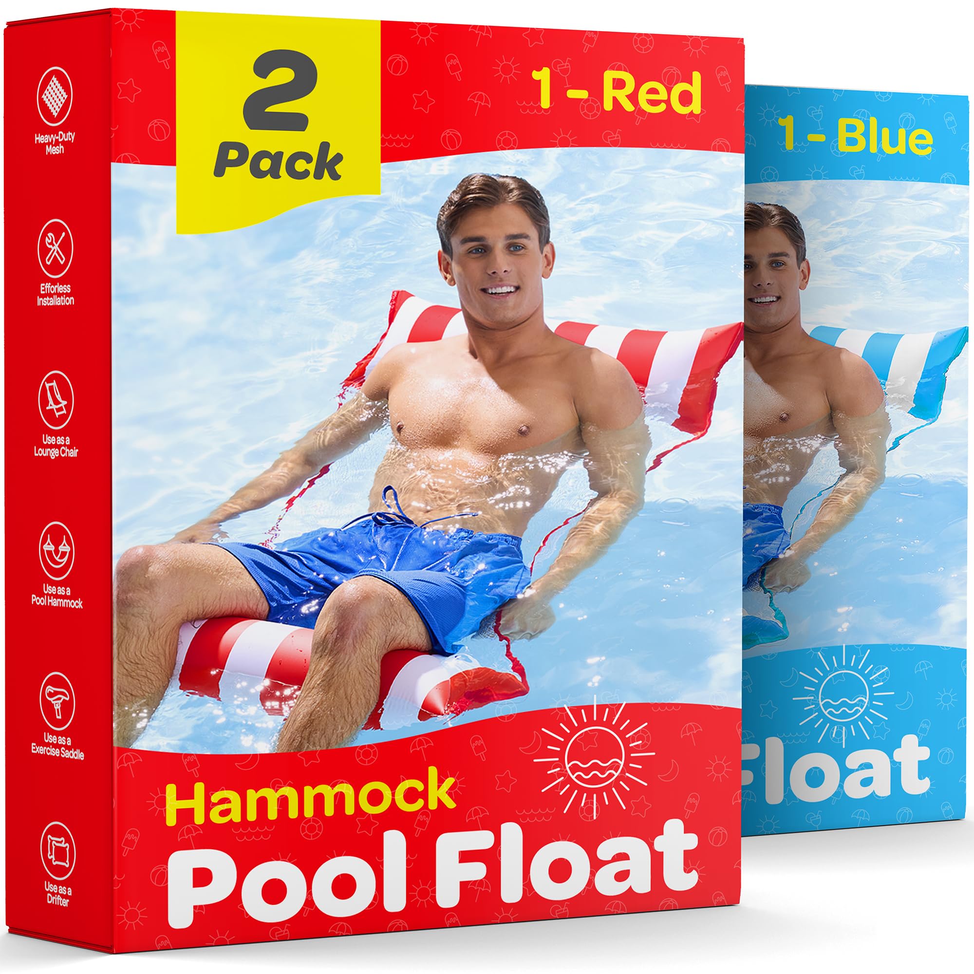 Pool Floats for Adults Multi-Purpose Hammock Pool Float: Saddle, Lounge Chair, Hammock, Drifter - Water Hammock for Adults in Swimming Pools - Blue/Red Fun Colors Pool Float Lounger (44" X 26")  - Very Good
