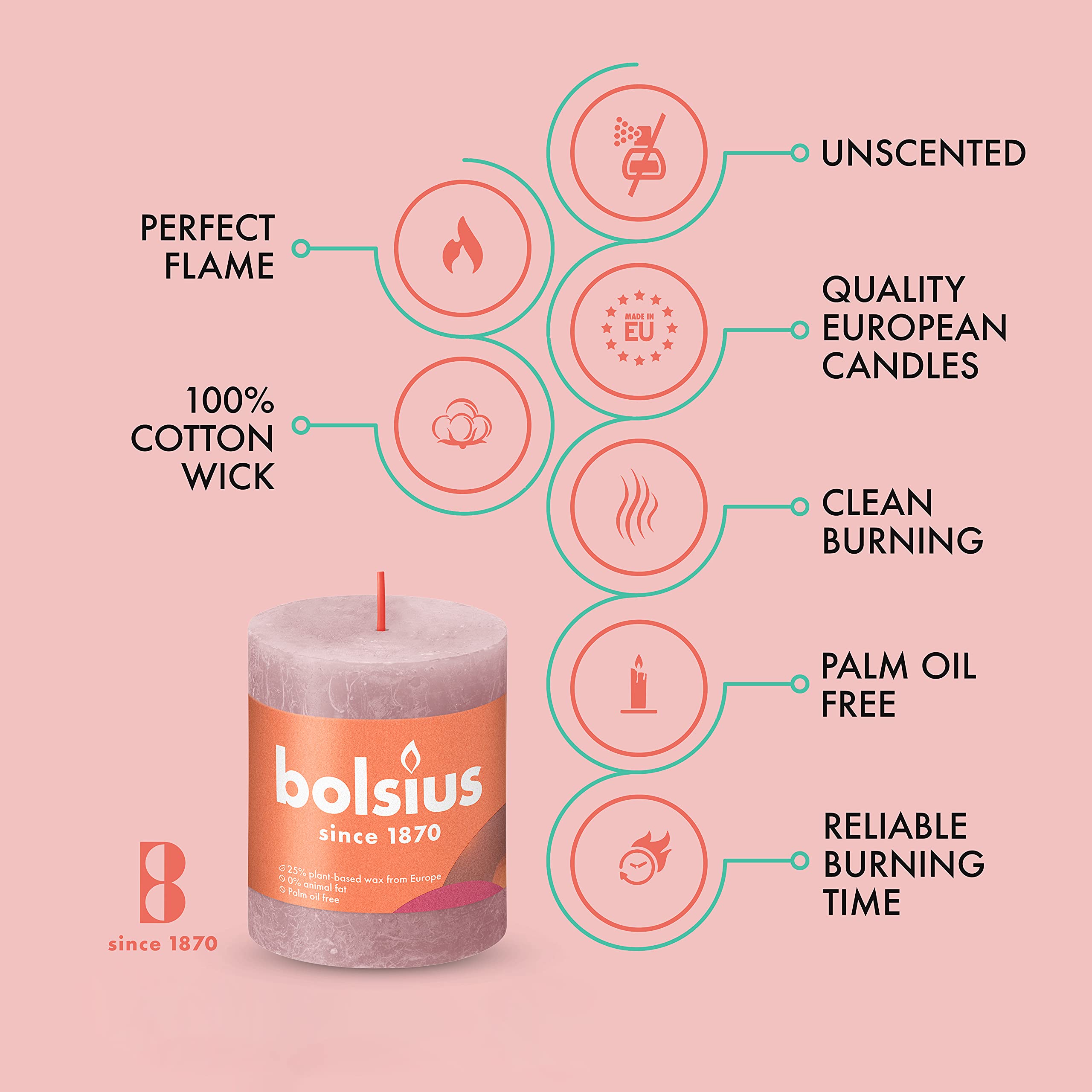 BOLSIUS 4 Pack Ash Rose Rustic Pillar Candles - 2.75 X 3.25 Inches - Premium European Quality - Includes Natural Plant-Based Wax - Unscented Dripless Smokeless 35 Hour Party and Wedding Candles  - Like New