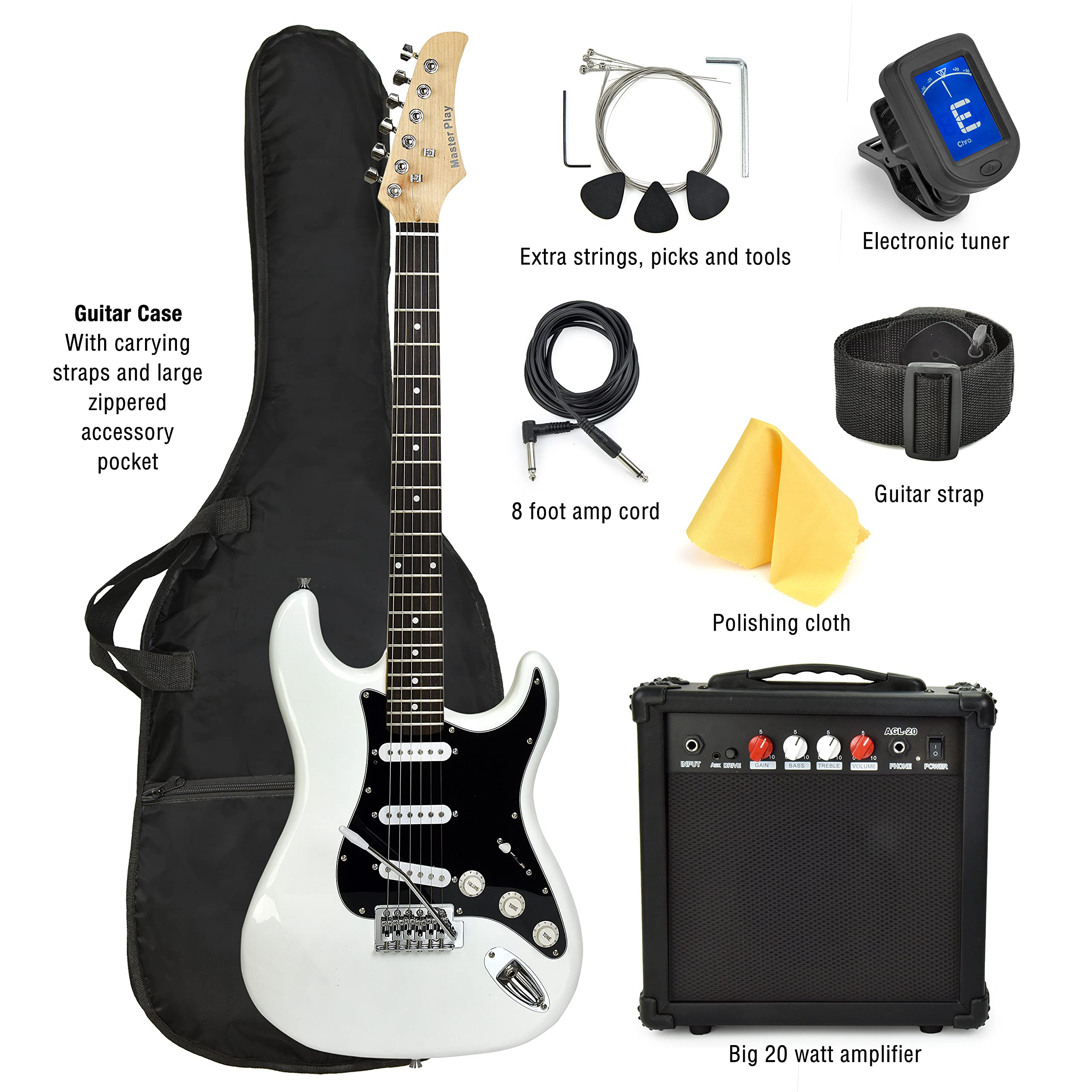 Master Play 39 Inch Electric Guitar,For Kids/beginner With Complete Starter Kit, 20 Watt Amp, 6 Extra String, Picks, Gig Bag, Shoulder Strap, Digital tuner, Cable, Wash Cloth  - Very Good