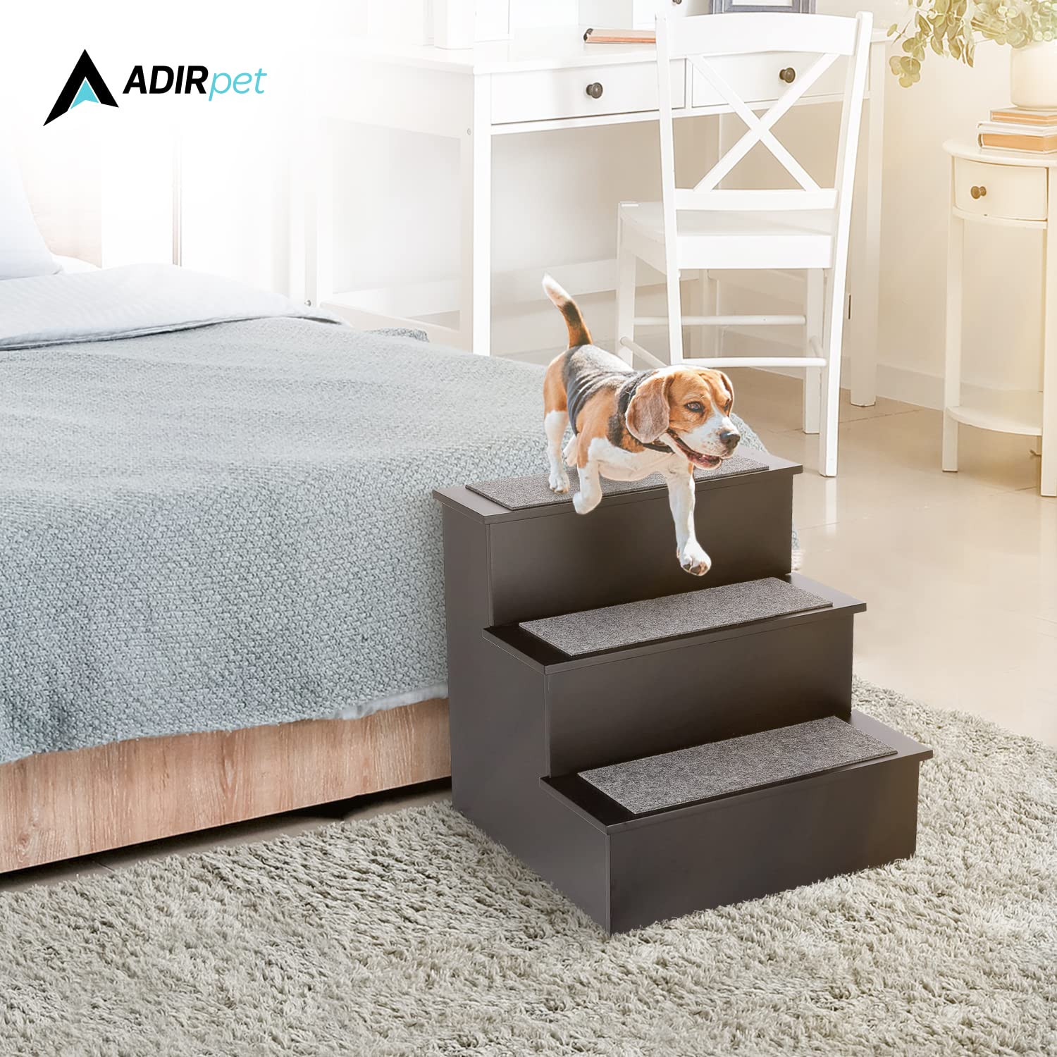 AdirPets Deluxe 3-Step Pet Stairs with Non-Slip Surface and Carpeted Treads - Sleek Pet Steps for Small Dogs, Cats, Elderly or Disabled Pets - Supports Up to 175lbs Weight (Variation)  - Like New