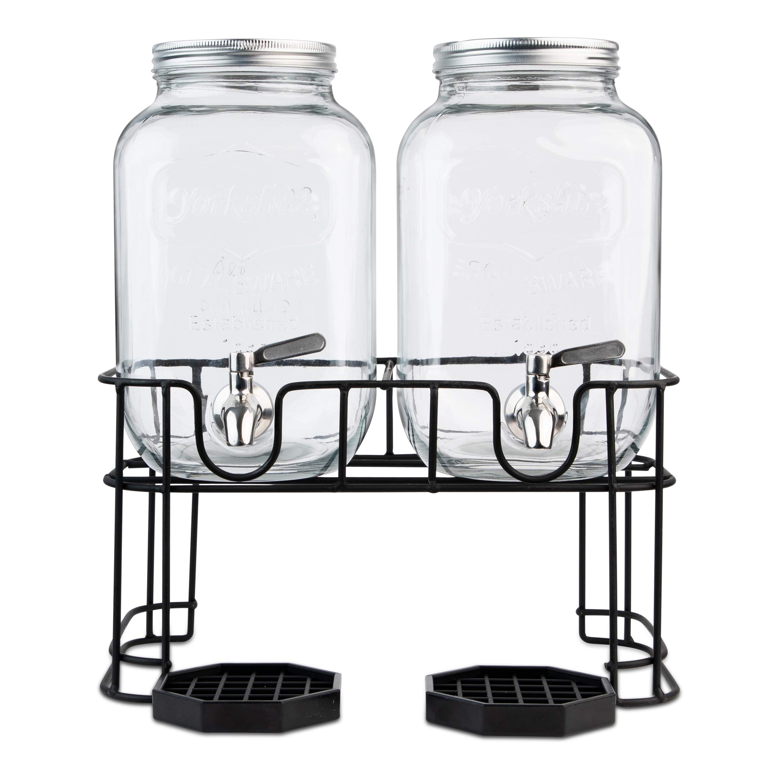 Dual Gallon Glass Beverage Dispensers with Metal Stand, Stainless Steel Spigot, Metal Lid and Drip Trays- Gallon Glass Yorkshire Mason Container for Kombucha Fermenting, Iced Tea and more  - Like New