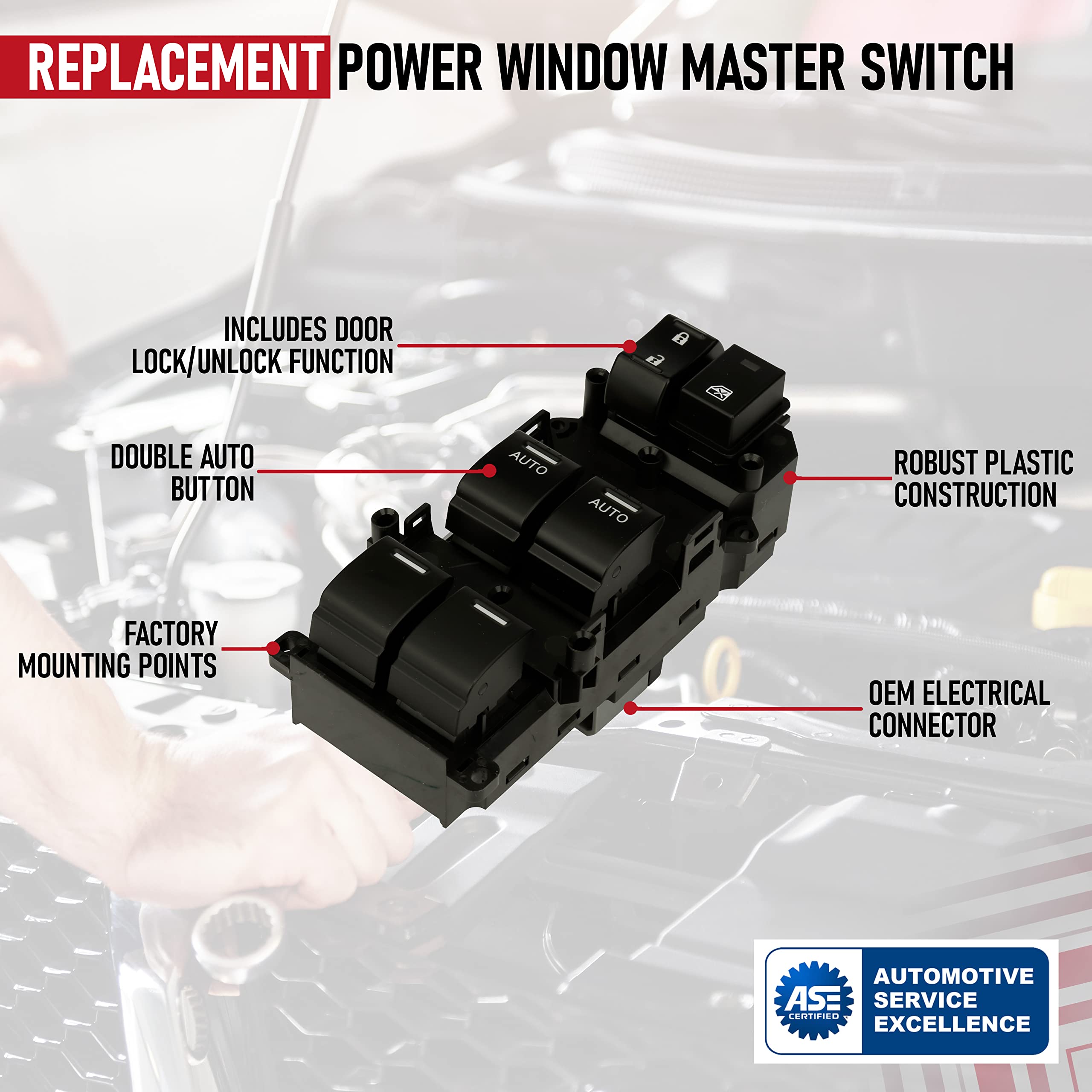 Replacement Window Master Switch - Double Auto Button - Compatible with Honda Accord EX & EX-L 2008, 2009, 2010, 2011, 2012 - Replaces 35750-TA0-A31, 35750-TA0-A32 - Driver Side Double Auto Switch  - Like New