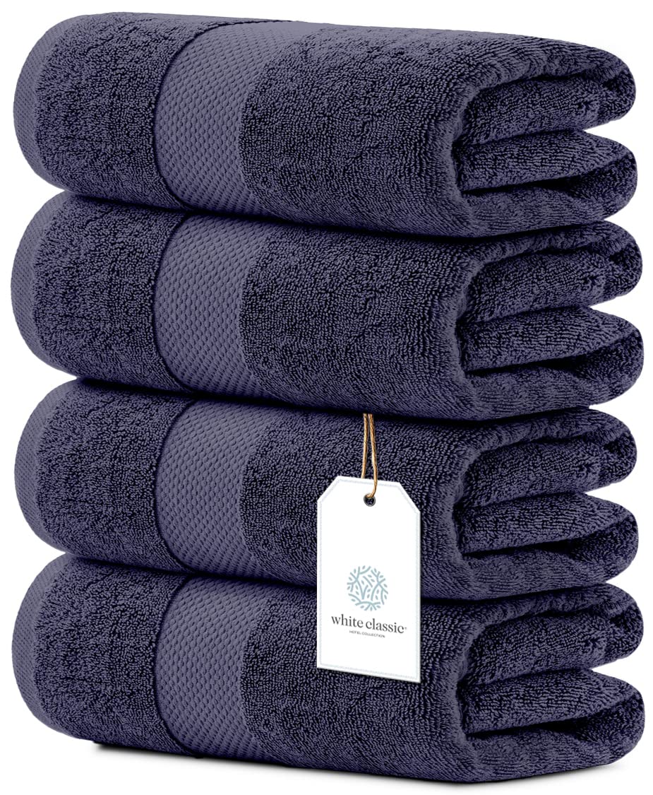 Luxury White Bath Towels Large - 100% Soft Cotton 700 GSM | Absorbent Hotel Bathroom Towel | 27 inch X 54 inch | Set of 4 | Navy  - Like New