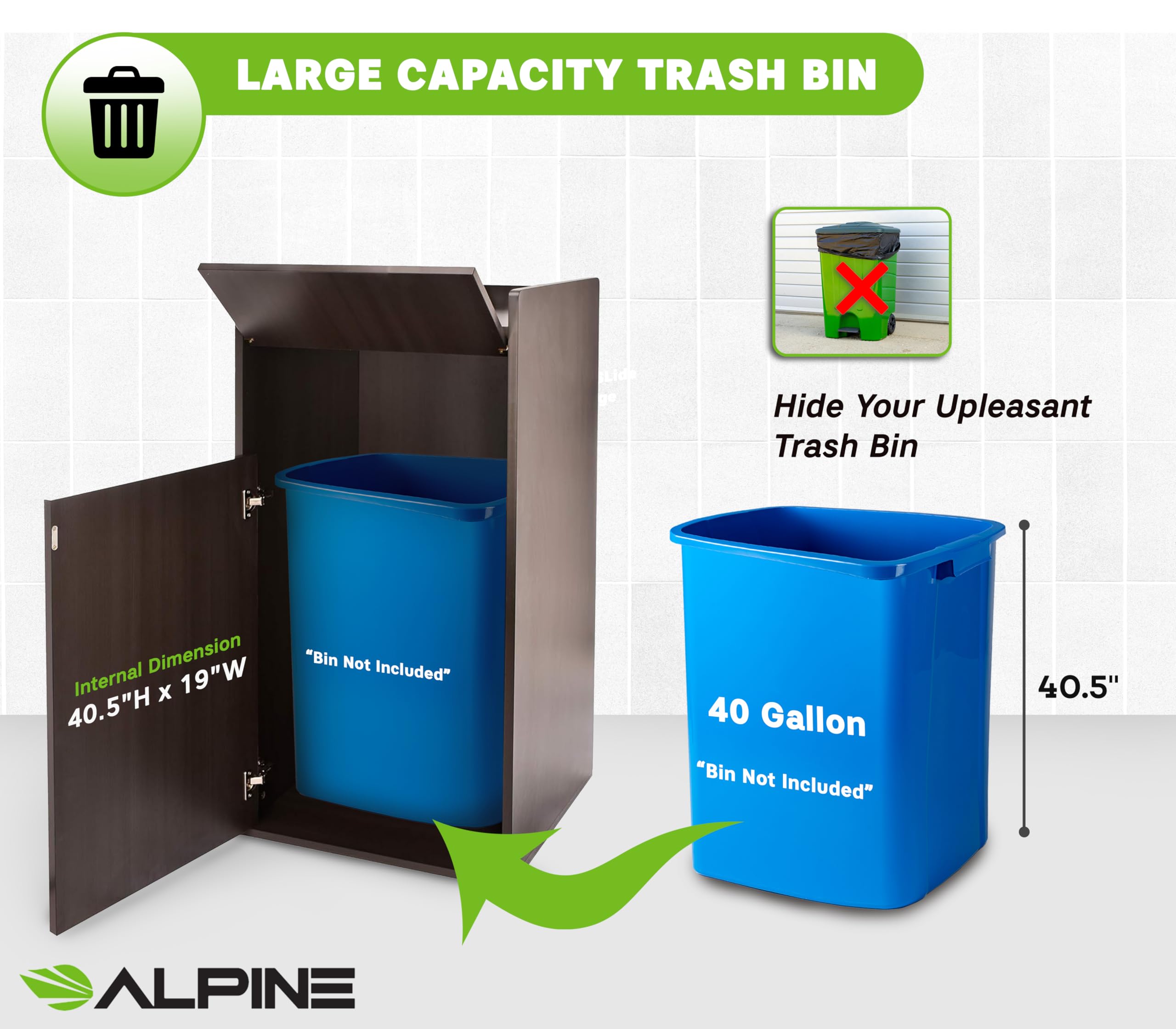 Alpine Industries 40 Gallon Wood Trash Can - Large Indoor Receptacle Enclosure with Drop Hole and Tray Shelf - Great for Restaurants, Cafeterias, Food Courts Variation  - Acceptable