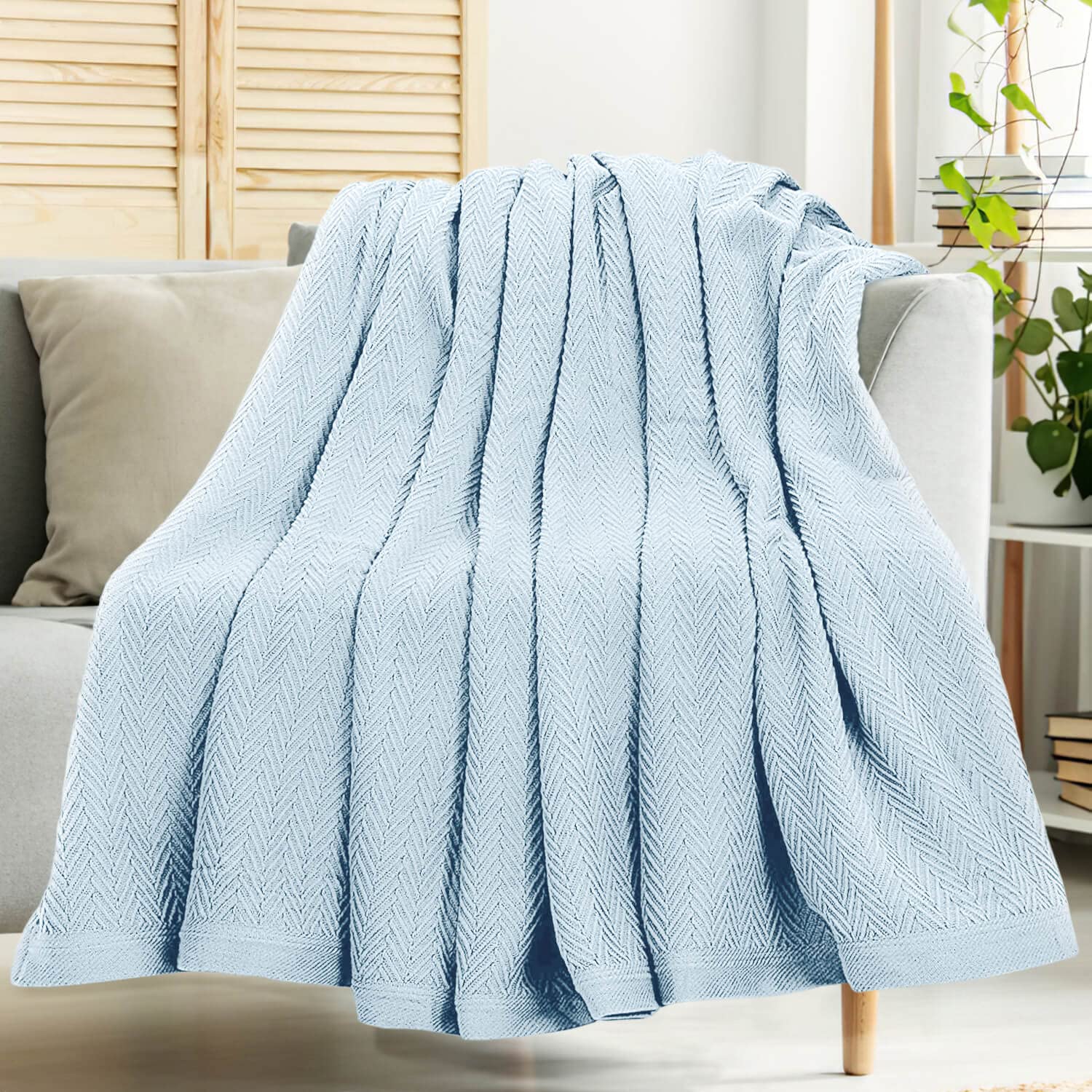 White Classic Queen Size Blanket for Bed, 100% Cotton Blankets Soft and Breathable, 410Gsm Waffle Lightweight Summer Blanket 90x90 Inches Light Blue  - Like New