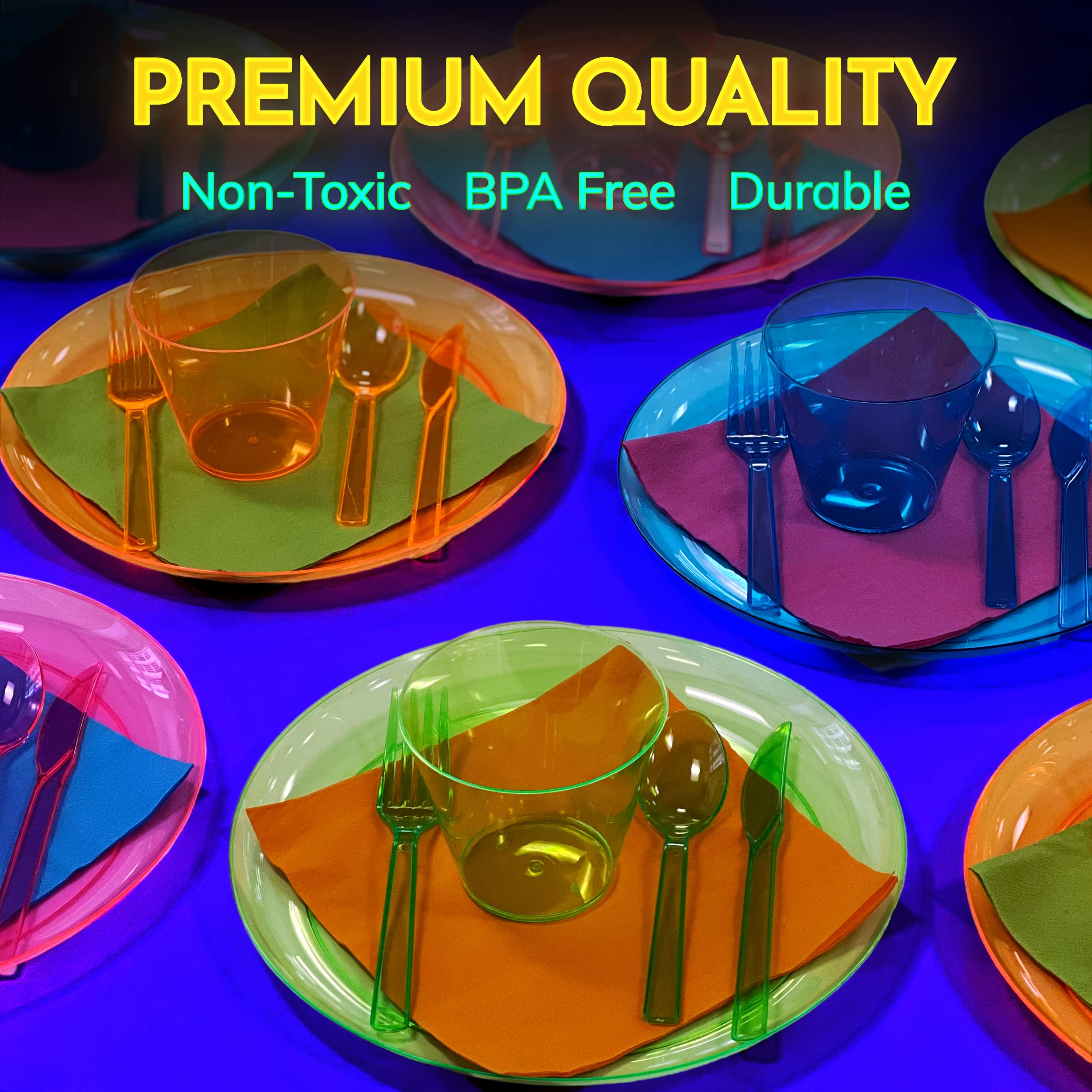Glow Neon Party Supplies - Neon Cutlery with Neon Napkins, Hard Plastic & Disposable Neon Cutlery and Napkins, Cinco de Mayo Party Supplies, Glow In The Dark Neon Birthday Party Supplies  - Like New