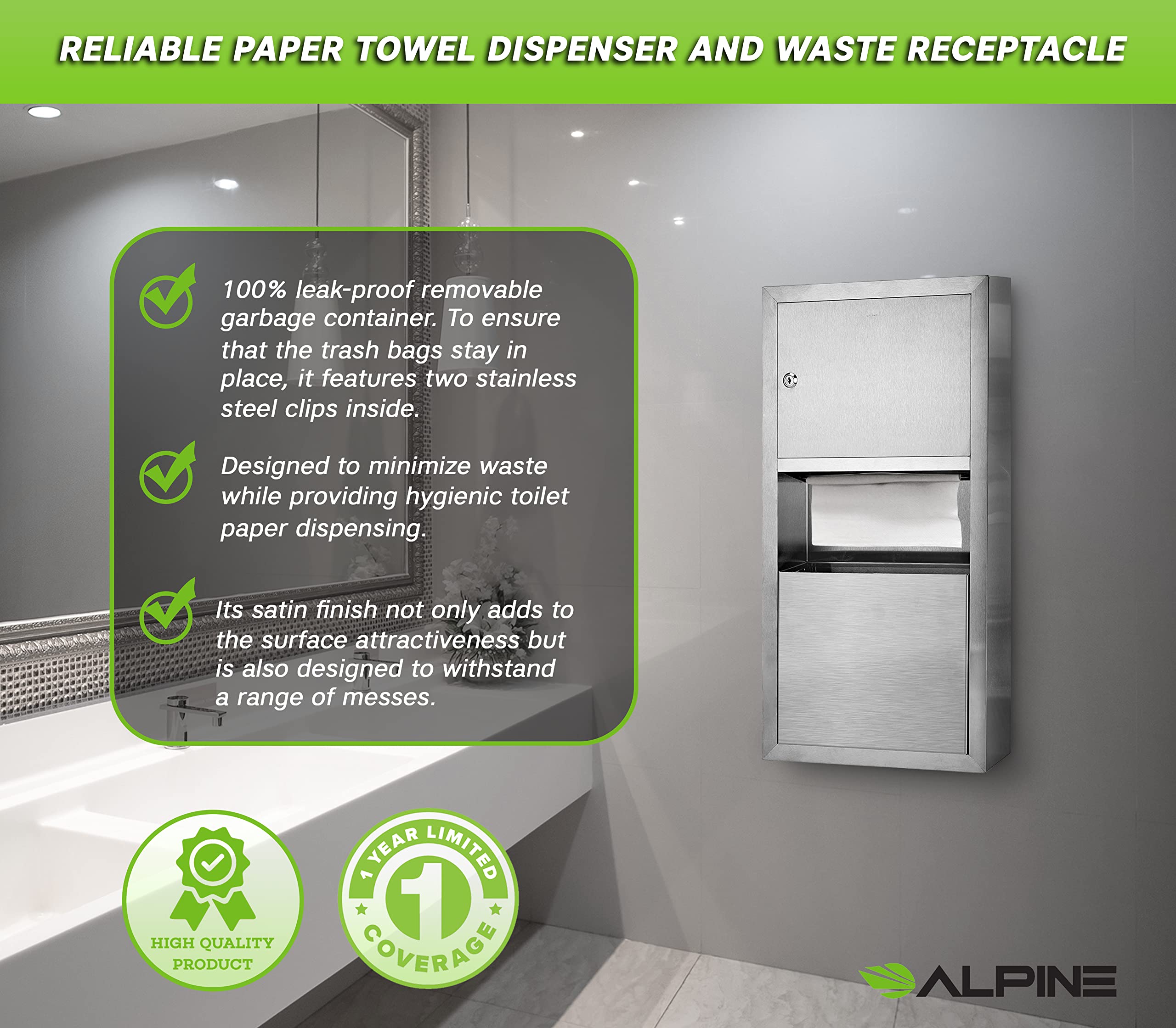 Alpine Commercial Paper Towel Dispenser and Waste Receptacle - 350 C-Fold or 475 Multifold Paper Towels (2 Gallon Capacity Trash Bin) Variation  - Very Good