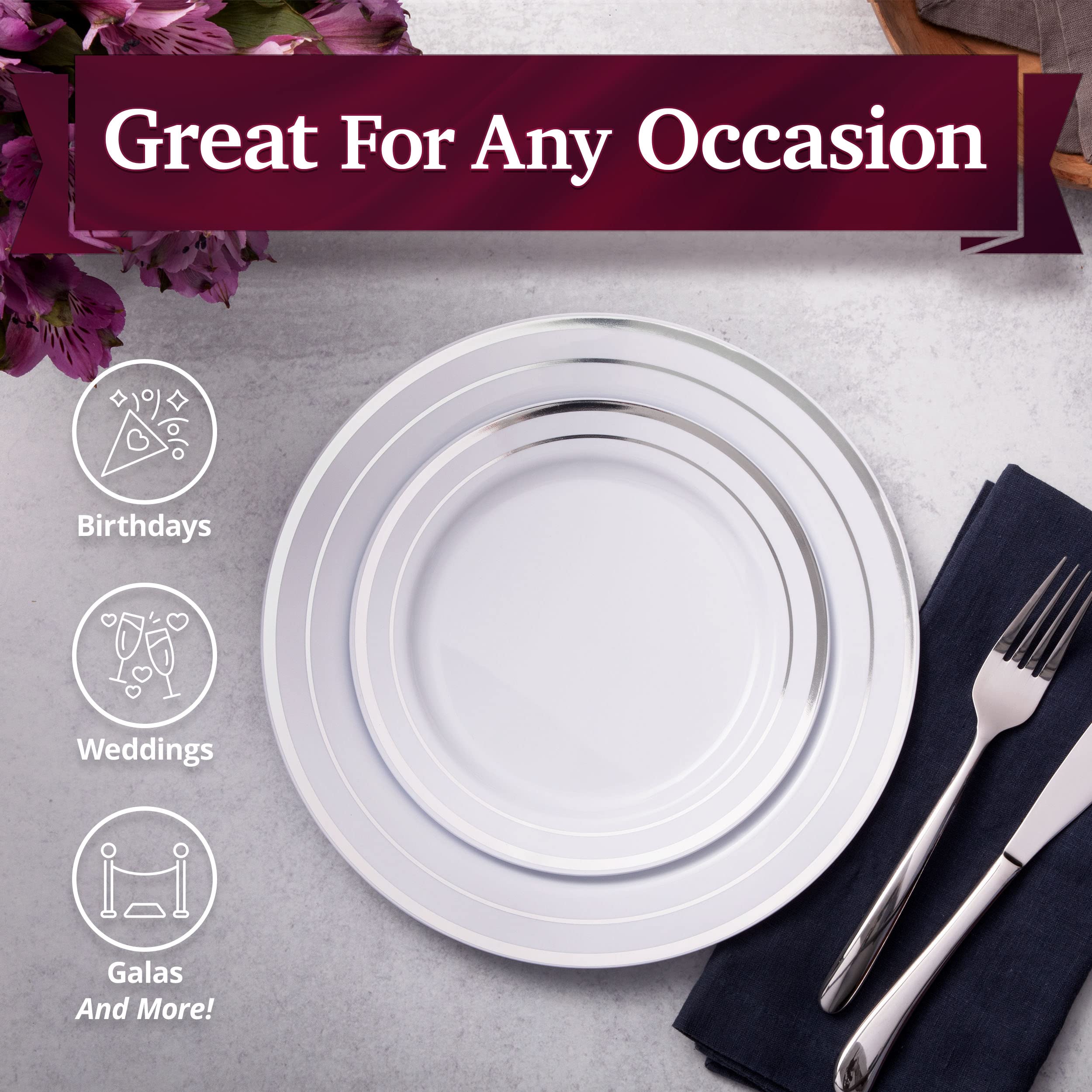Aya's 60 Silver Plastic Plates Disposable Heavy Duty Premium Plastic Plates, 30 Plastic Dinner Plates + 30 Dessert Appetizer Plates for Weddings, Fancy Disposable Plates for Party White Plastic Plates  - Good