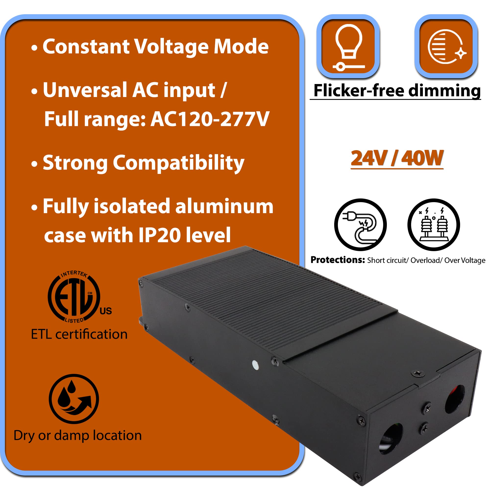 DYSMIO - Dimmable LED Driver 40-Watt 24 Volt DC, Electronic LED Power Supply Transformer 1.66A Rated Current, 120-277VAC, For LED Strip Light, Kitchen - Compatible with Lutron and Leviton dimmers  - Very Good