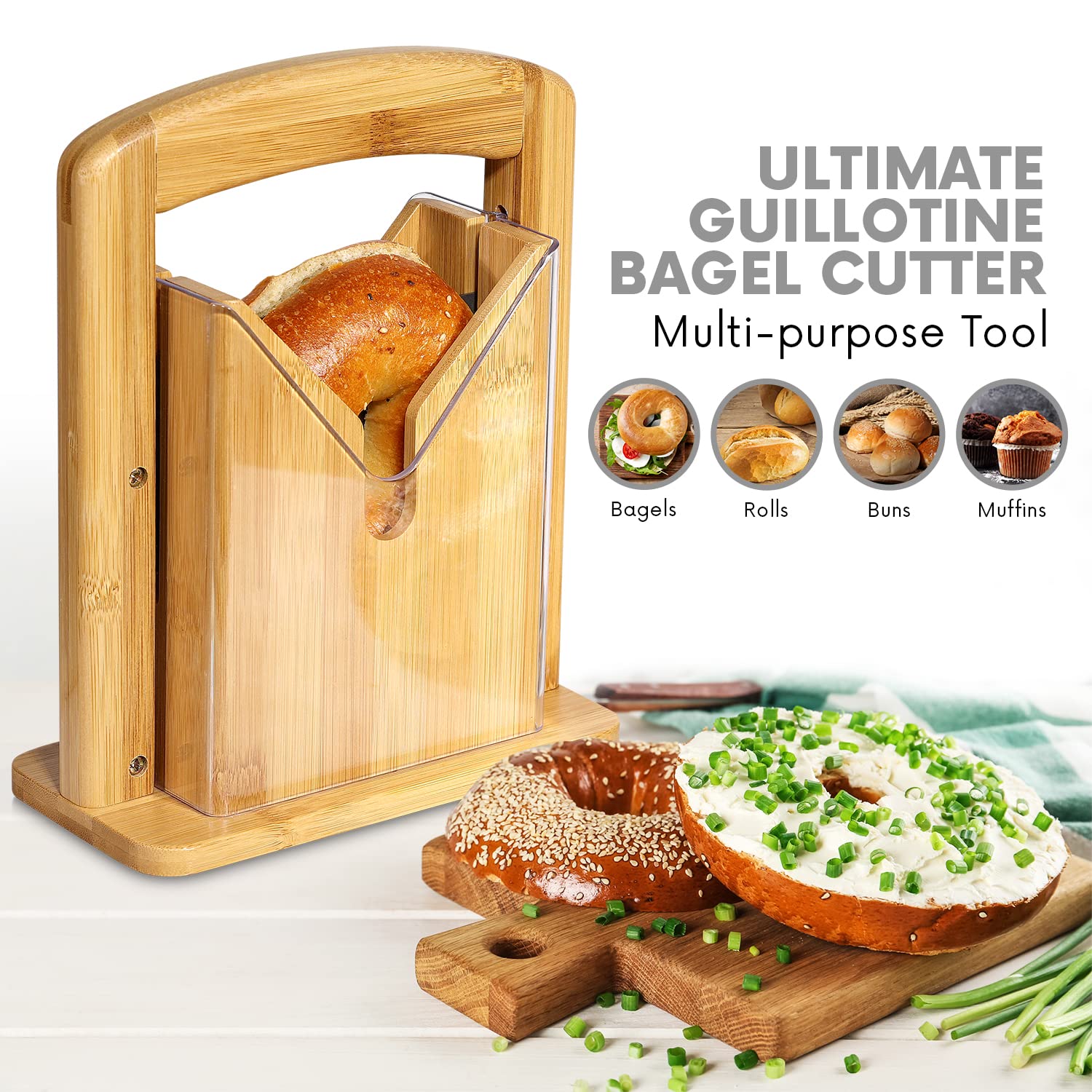 Bamboo Bagel Slicer - Guillotine Bagel Cutter with Clear Safety Shield, Non Stick Blade and Easy Grip Handle - Bread Slicer for Homemade and Commercial Buns, Muffins and Rolls (By Homeries)  - Like New