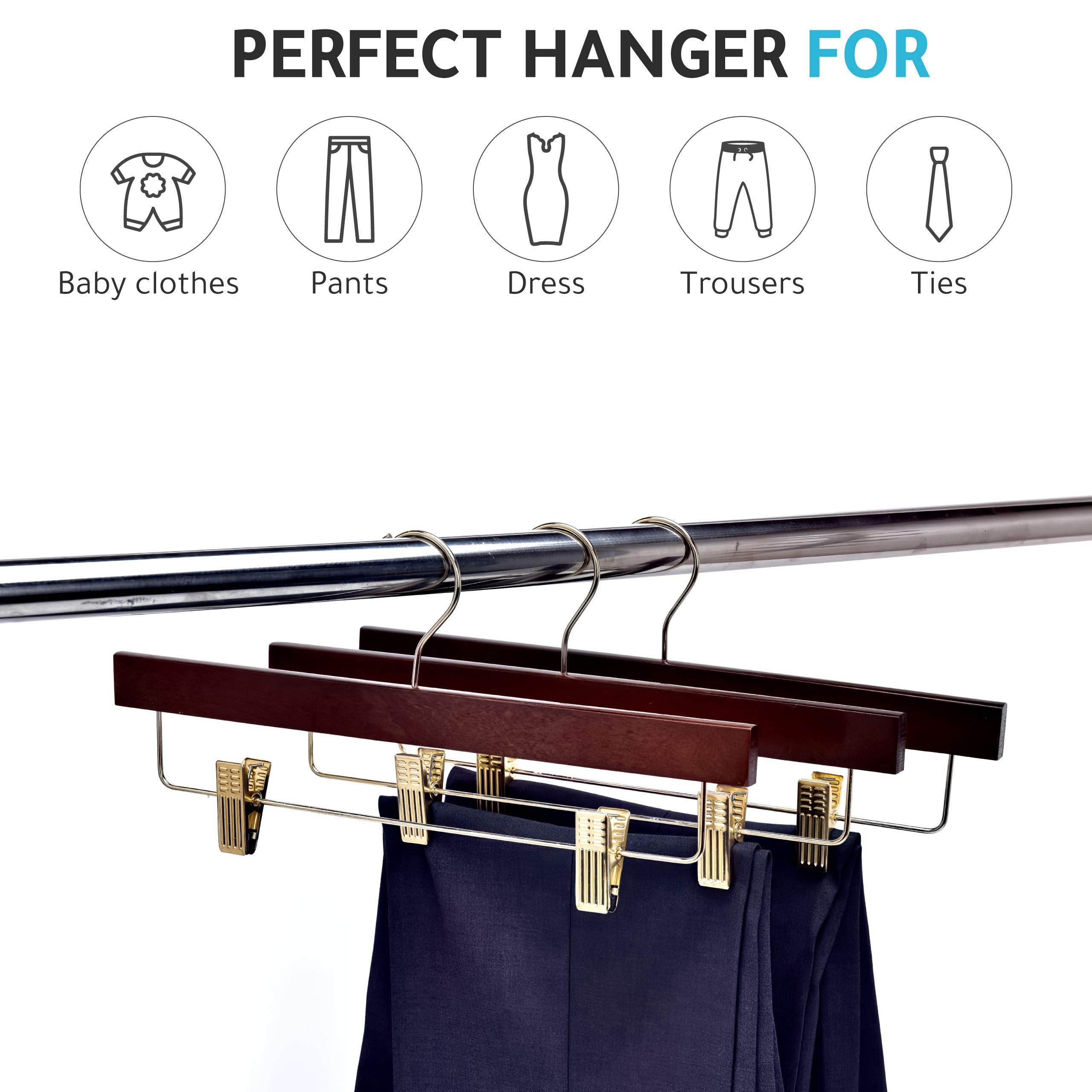 Quality Wooden Pants Hangers Skirt Hanger Jeans Hanger Bottom Hanger, Swivel Hook, Adjustable Clips (Walnut - Gold Hook, 10)  - Like New