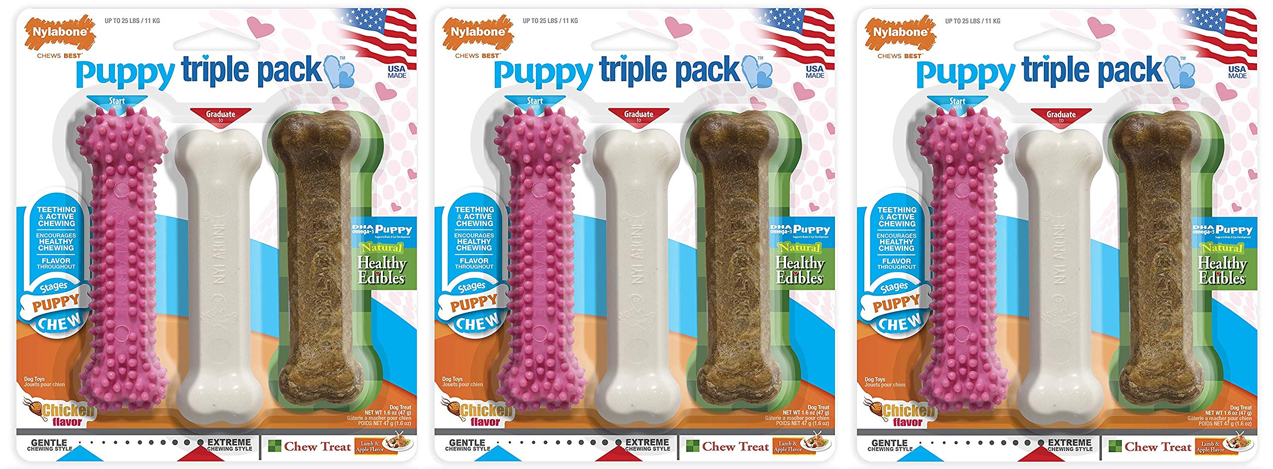 Nylabone 3 Count of Puppy Triple Packs, 2 Toys and 1 Treat Each, Made in The USA3