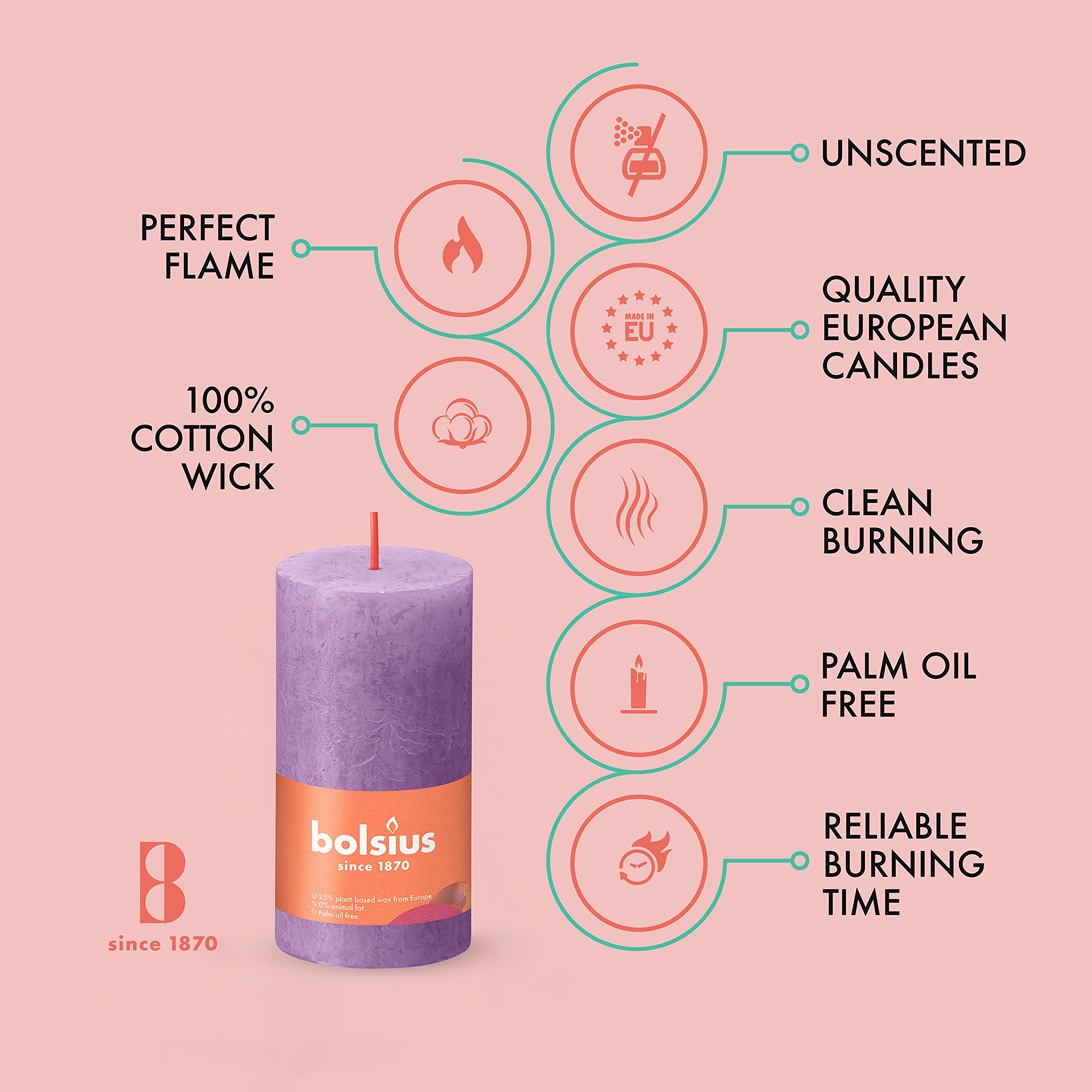 BOLSIUS 4 Pack Vibrant Violet (Purple) Rustic Pillar Candles - 2 X 4 Inches - Premium European Quality - Includes Natural Plant-Based Wax - Unscented Dripless Smokeless 30 Hour Party D�cor Candles  - Acceptable