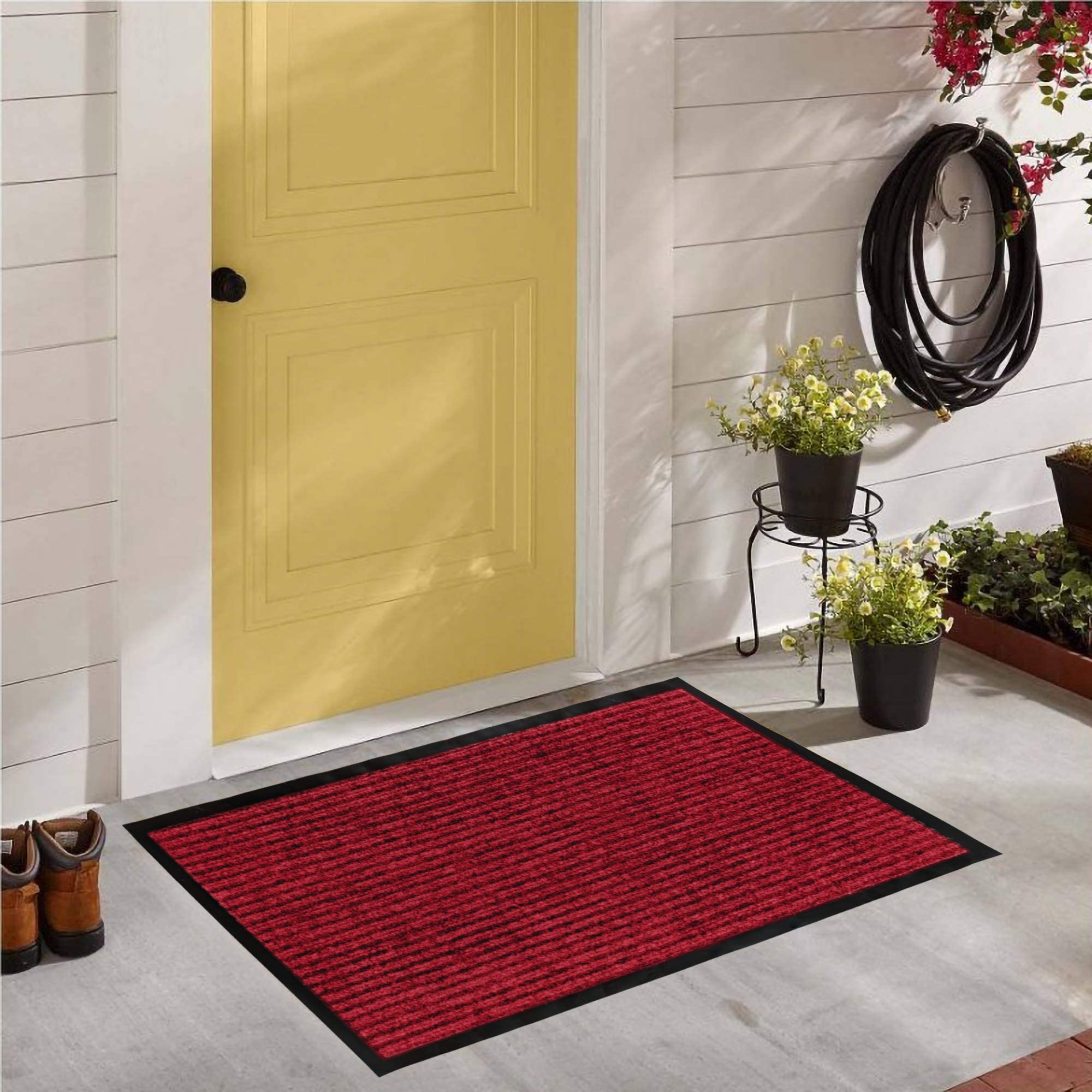 LuxUrux Durable Rubber Door Mat, Heavy Duty Doormat, Indoor Outdoor Rug, Easy Clean, Waterproof, Low-Profile Door Rugs for Entry, Patio, Garage, (17''x 30'' 2 Pack, Striped Red)  - Like New