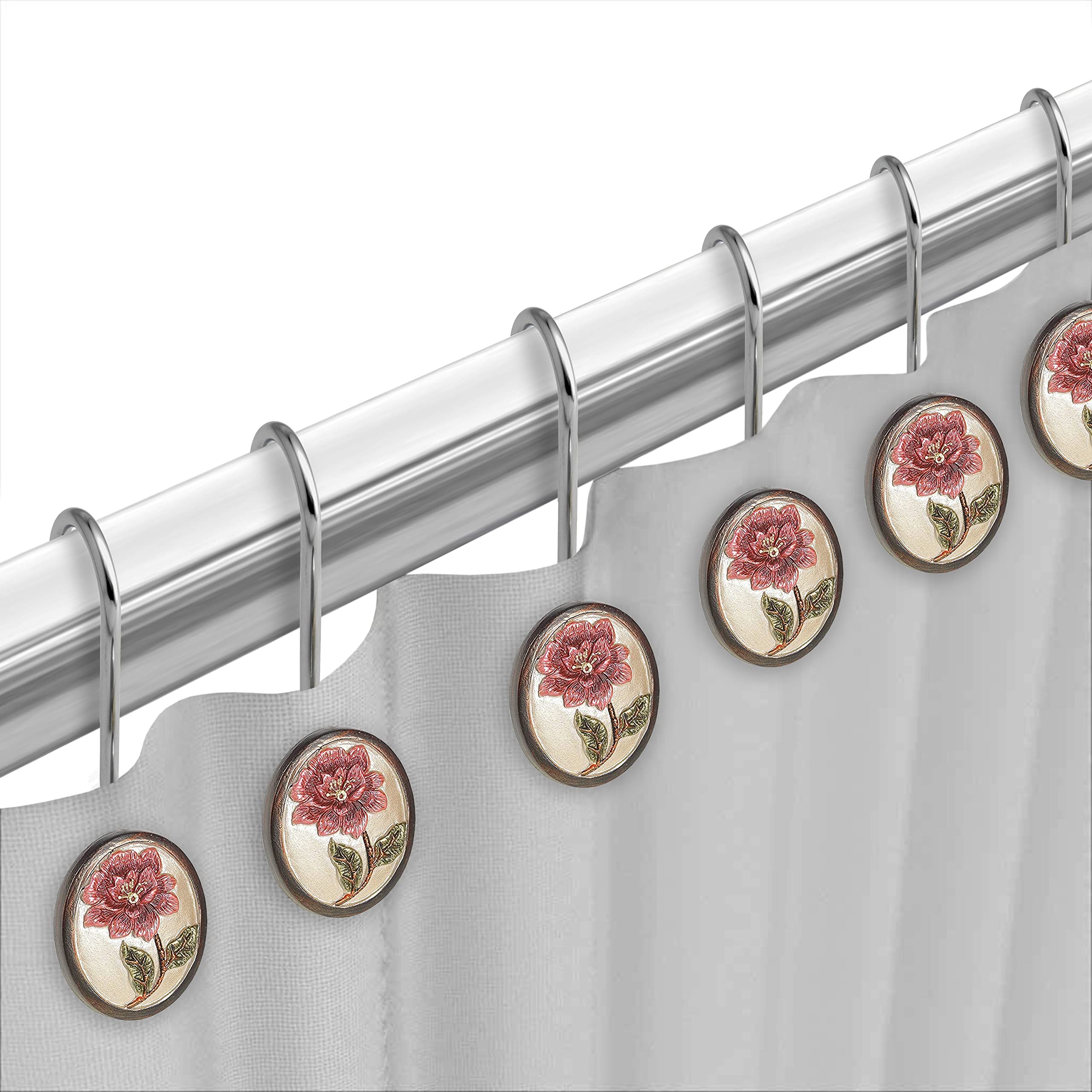 Popular Bath Shower Curtain Hooks, Larrisa Collection, Set of 12, Rose Design  - Like New