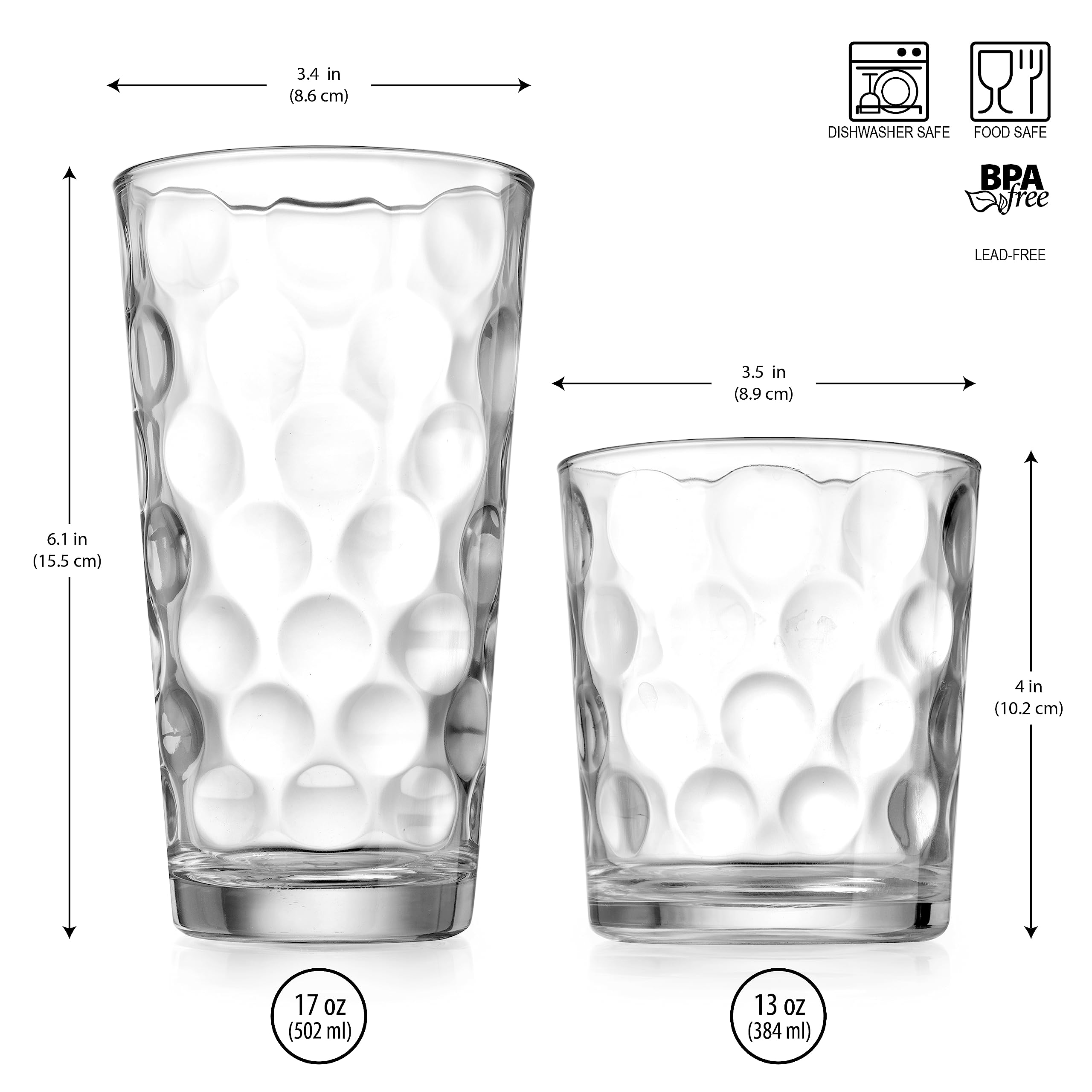 Drinking Glasses Set Of 16 - By Home Essentials - 8 Highball Glasses (17 oz.), 8 Rocks Whiskey Glass cups (13 oz.), Inner Circular Lensed Glass Cups for Water, Juice and Cocktails.  - Like New