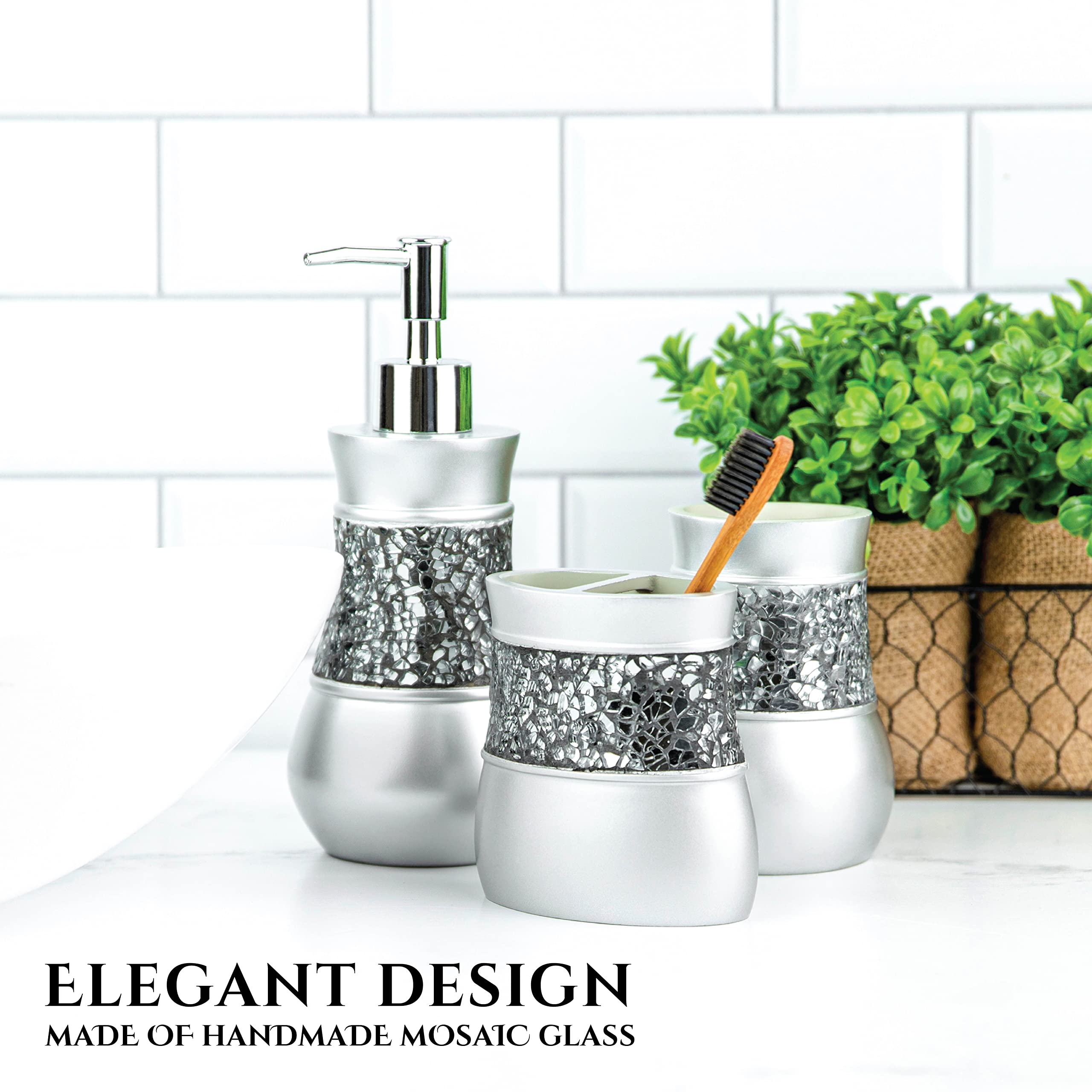 Creative Scents Silver Bathroom Accessories Set Complete - 6 Piece Mosaic Glass Bathroom Accessory Set Includes: Trash Can, Tissue Box Cover, Soap Dispenser, Toothbrush Holder, Soap Dish & Tumbler  - Like New