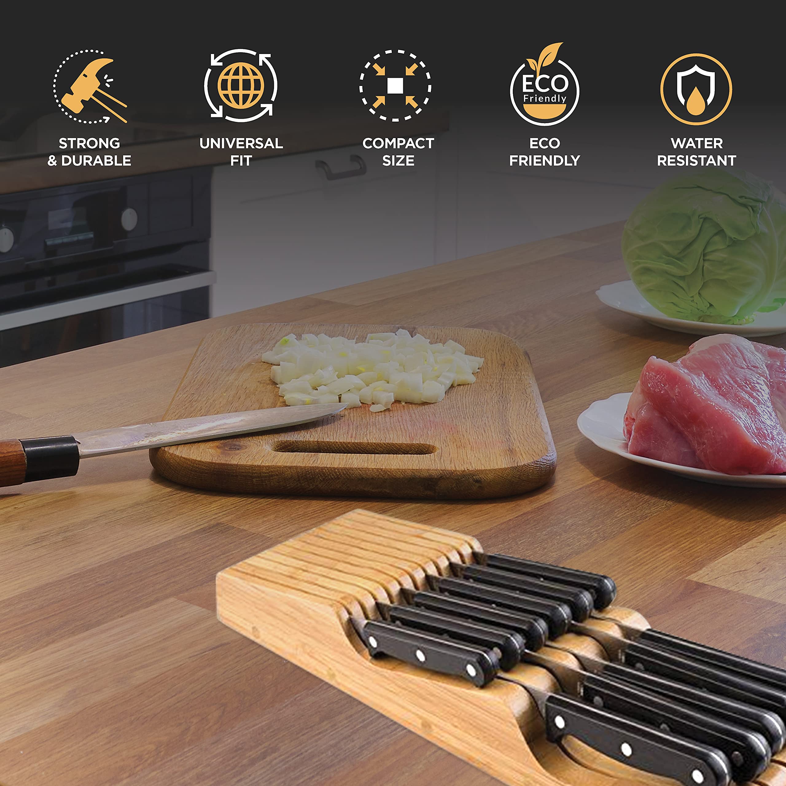 Bamb�si In-Drawer Knife Block - Bamboo Knife Drawer Organizer for Kitchen | Fits 5 Long + 6 Short Knives | Store Knives with Blades Pointing Down - Wooden Steak knife Holder without Knives  - Very Good