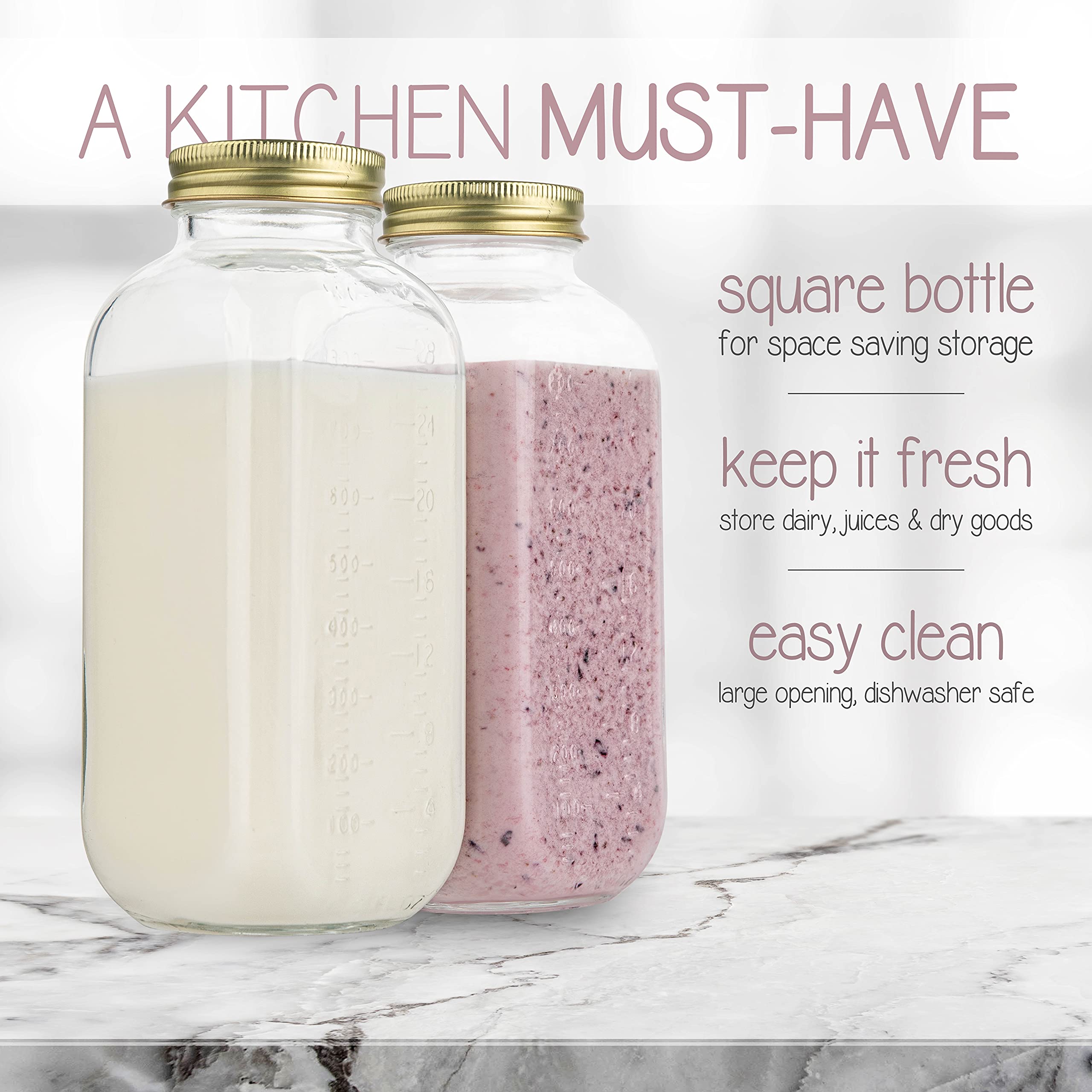 kitchentoolz 32oz Square Glass Milk Bottle with Metal Airtight Lids -1 Quart Milk Jars with Lids for Fridge - Reusable Milk Jugs, Yogurt, Smoothies, Kefir, Kombucha, Water  - Like New