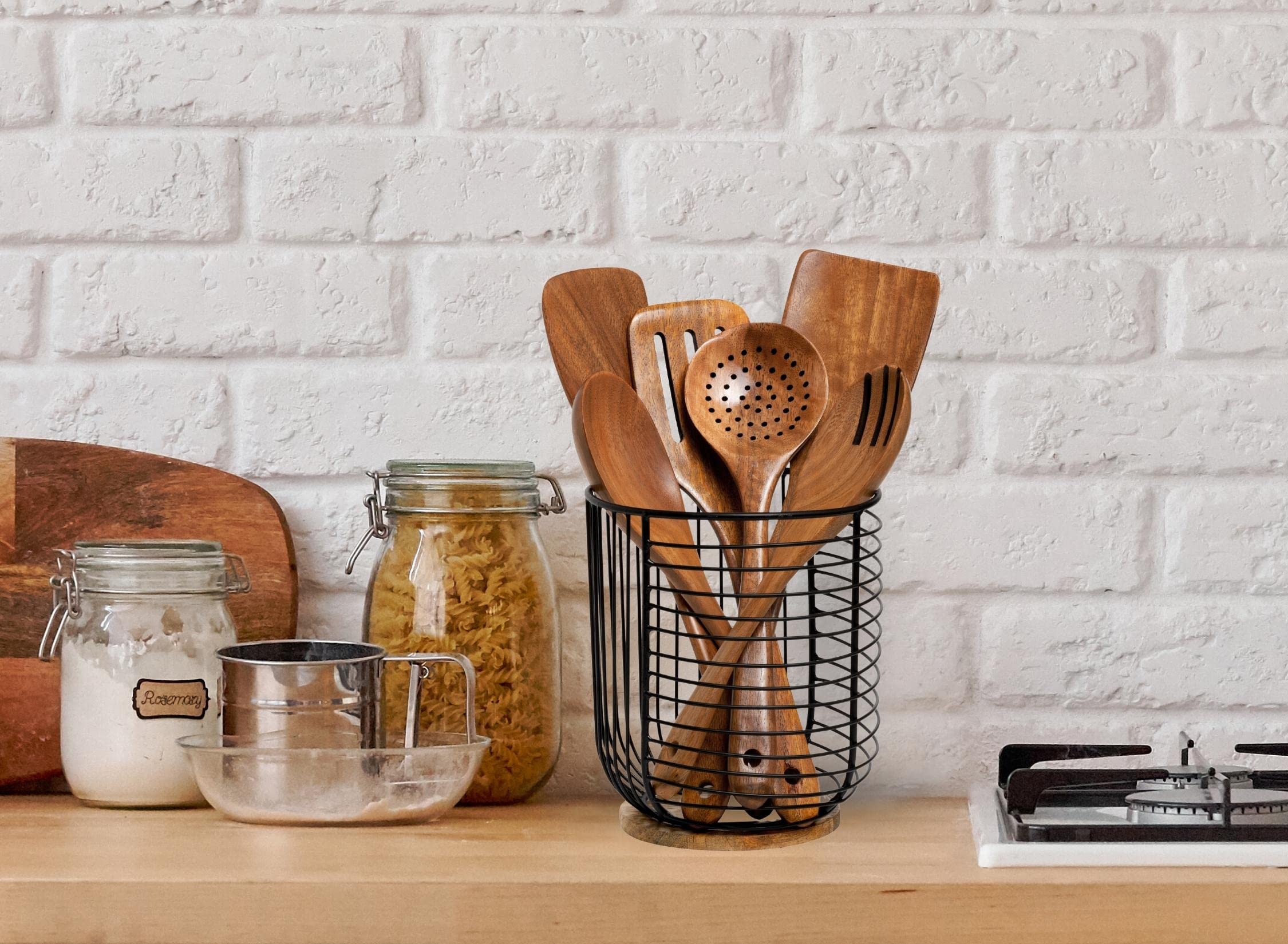 MosJos Extra Large Black Utensil Holder with Wooden Base - Farmhouse Utensil Storage - Wire Crock Kitchen Countertop Organizer - 7.2 x 6.2 Cooking Utensil Holder  - Good